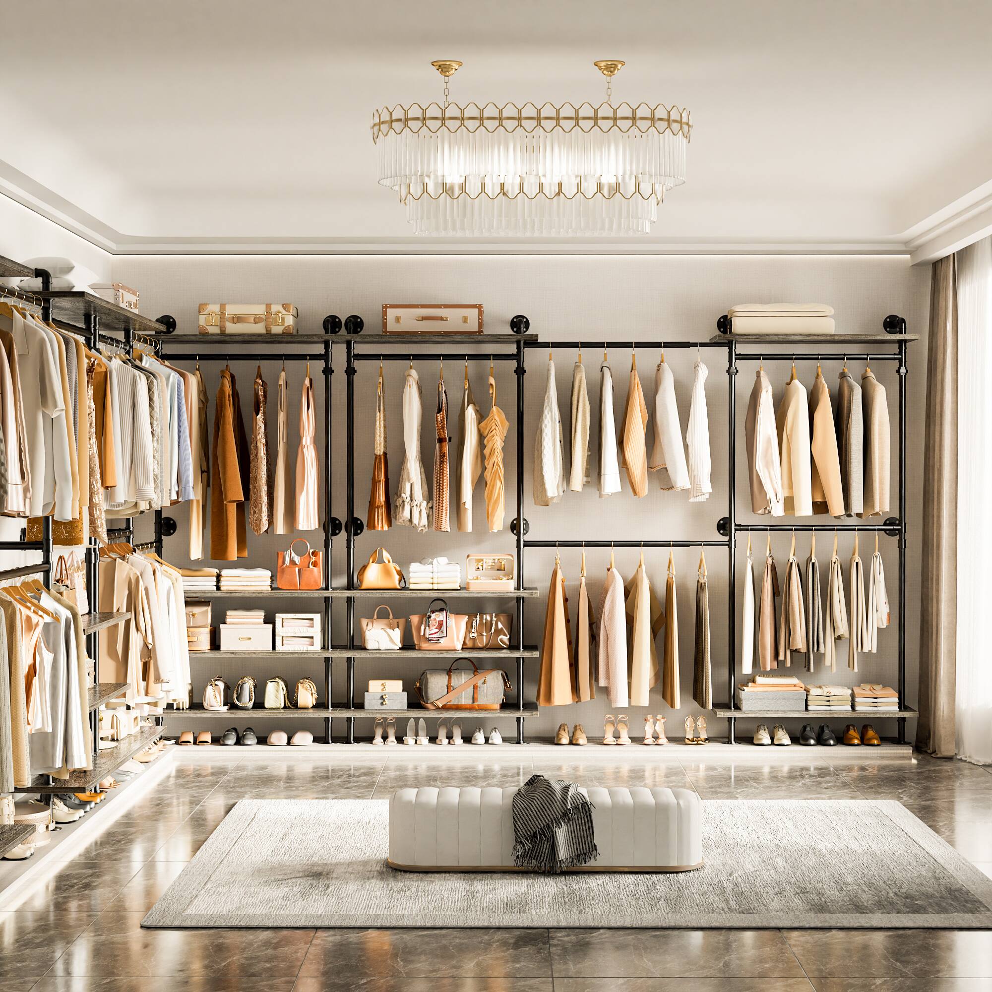 Alt View 1. Aheaplus - Wall-Mounted Pipe Clothing Rack with Shelves, Width Adjustable Garment Rack, L-Shaped/Straight Reversible - Gray Oak.