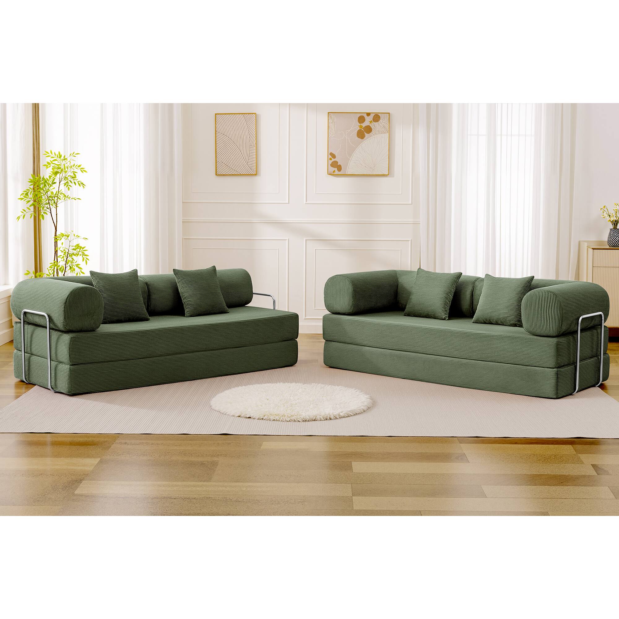 Left. KERDOM - Upholstered L Shaped Modular Sofa Bed with Chaise, Corduroy Folding Floor Convertible Sofa Couch Bed for Living Room - Olive Green.