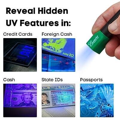 Reveal Hidden UV Features in:

- Credit Cards
- Foreign Cash
- Cash
- State IDs
- Passports

EW YORK STATE DRIVER ENSE ID 017