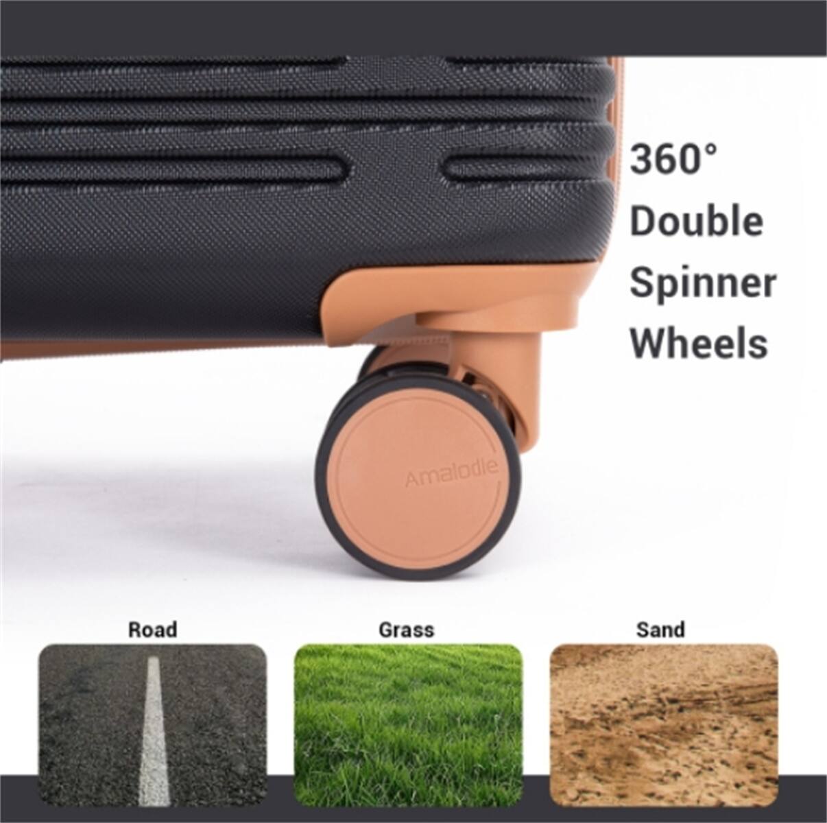 360° Double Spinner Wheels  
Amalodie  
Road  
Grass  
Sand