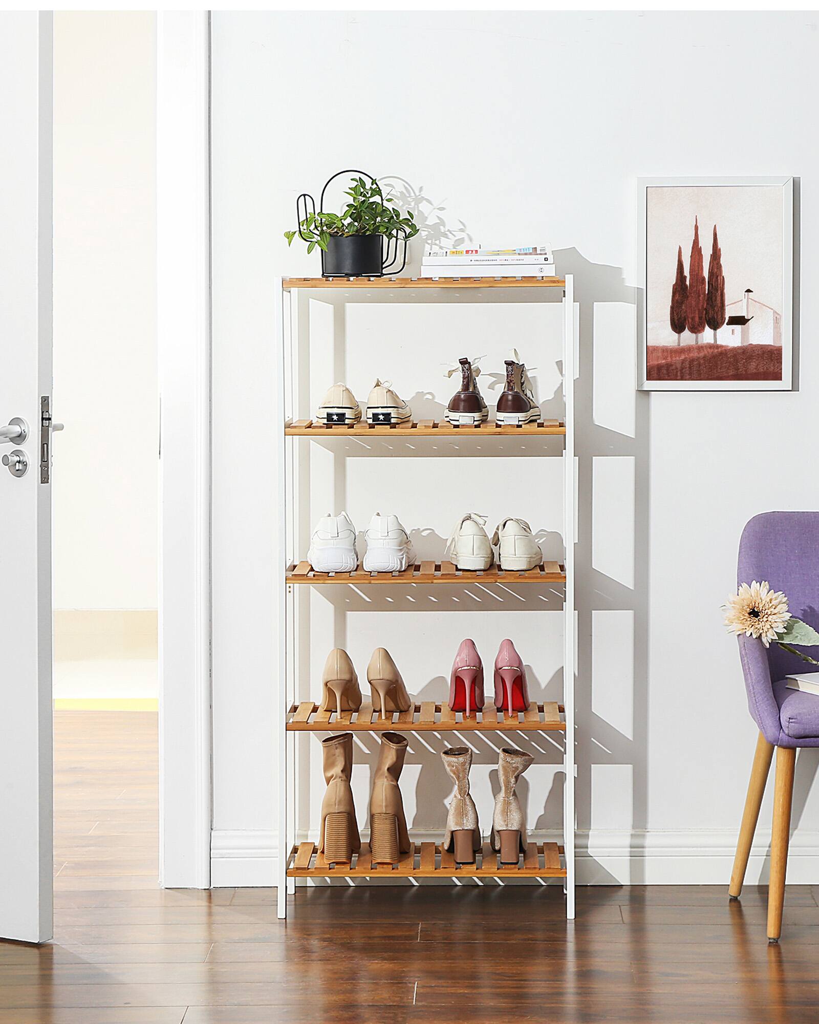 Left. Songmics Home - Bamboo Storage Shelf, 5-Tier Shelving Unit, Multifunctional, in the Entryway, Balcony, 10.2 x 23.6 x 51.2 Inches - White and Natural.