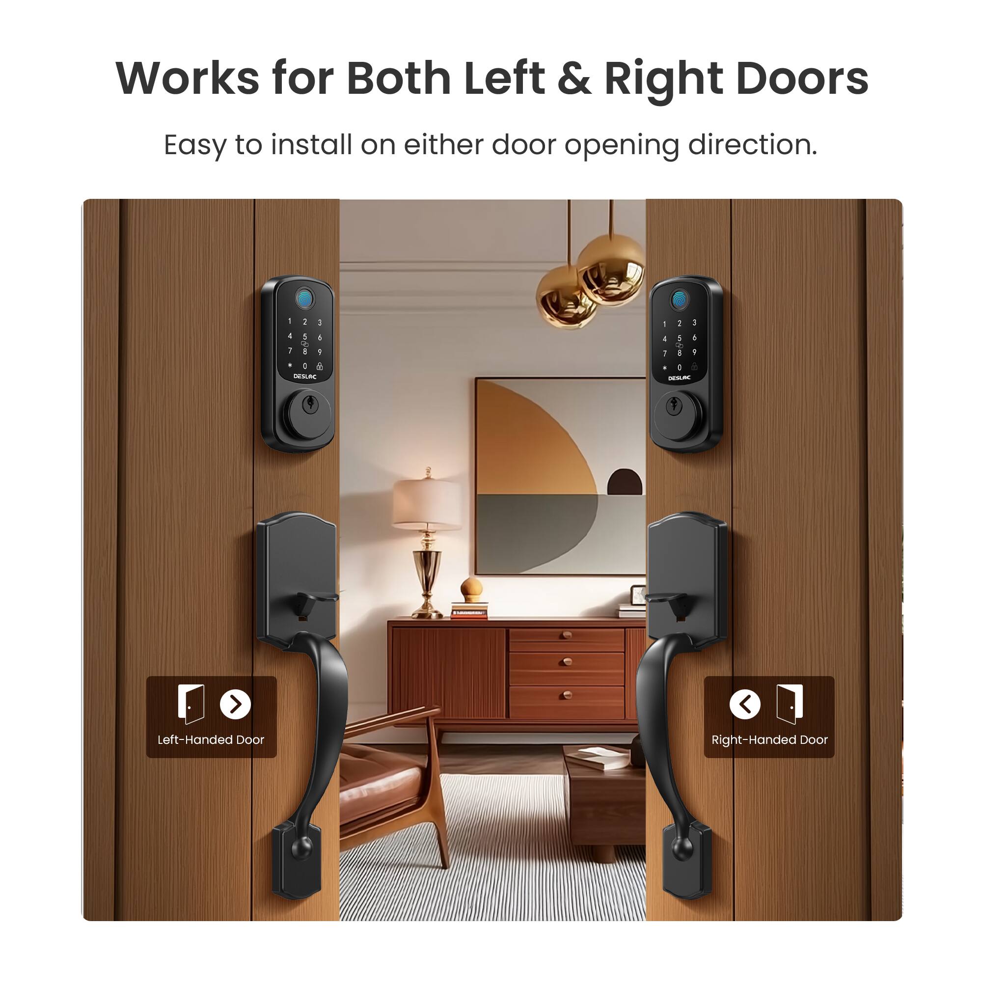 Works for Both Left & Right Doors  
Easy to install on either door opening direction.  

Left-Handed Door  
Right-Handed Door