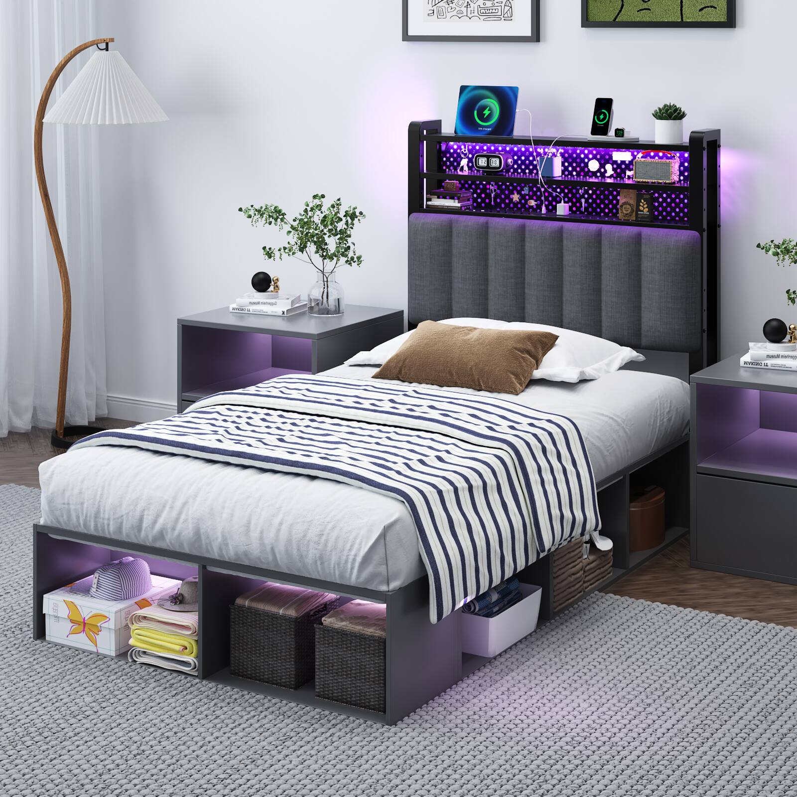 Alt View 9. Winado - Twin Size Adjustable Upholstered Headboard Only with 3 Tier Shelves and Pegboard with Charging Stations and LED Lights - Linen & Dark Gray.