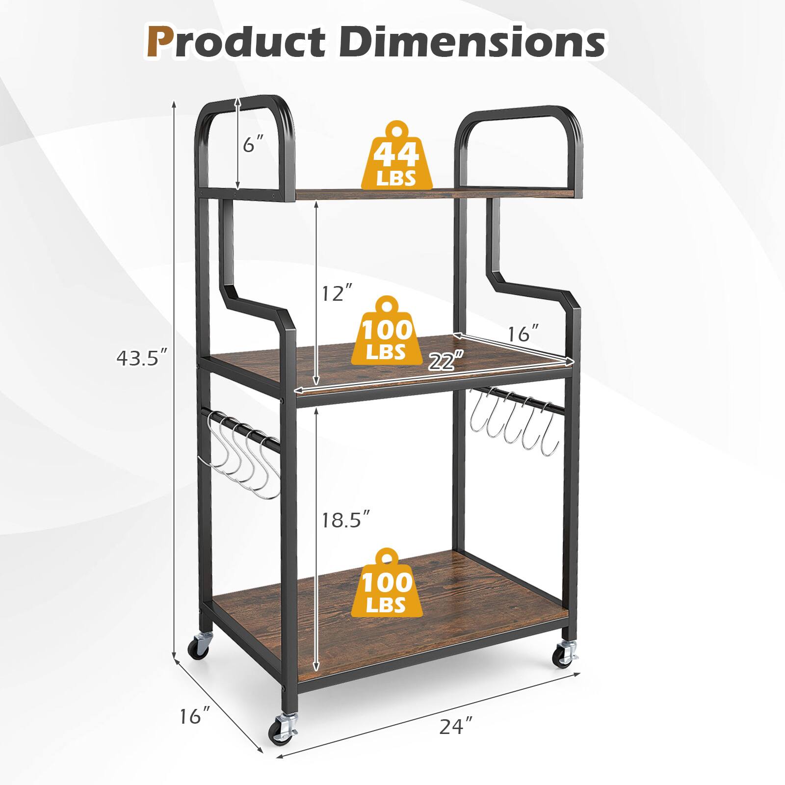 Product Dimensions: 44 LBS, 43.5" x 12" x 100 LBS, 22" x 16" x 18.5" x 100 LBS, 16" x 24"