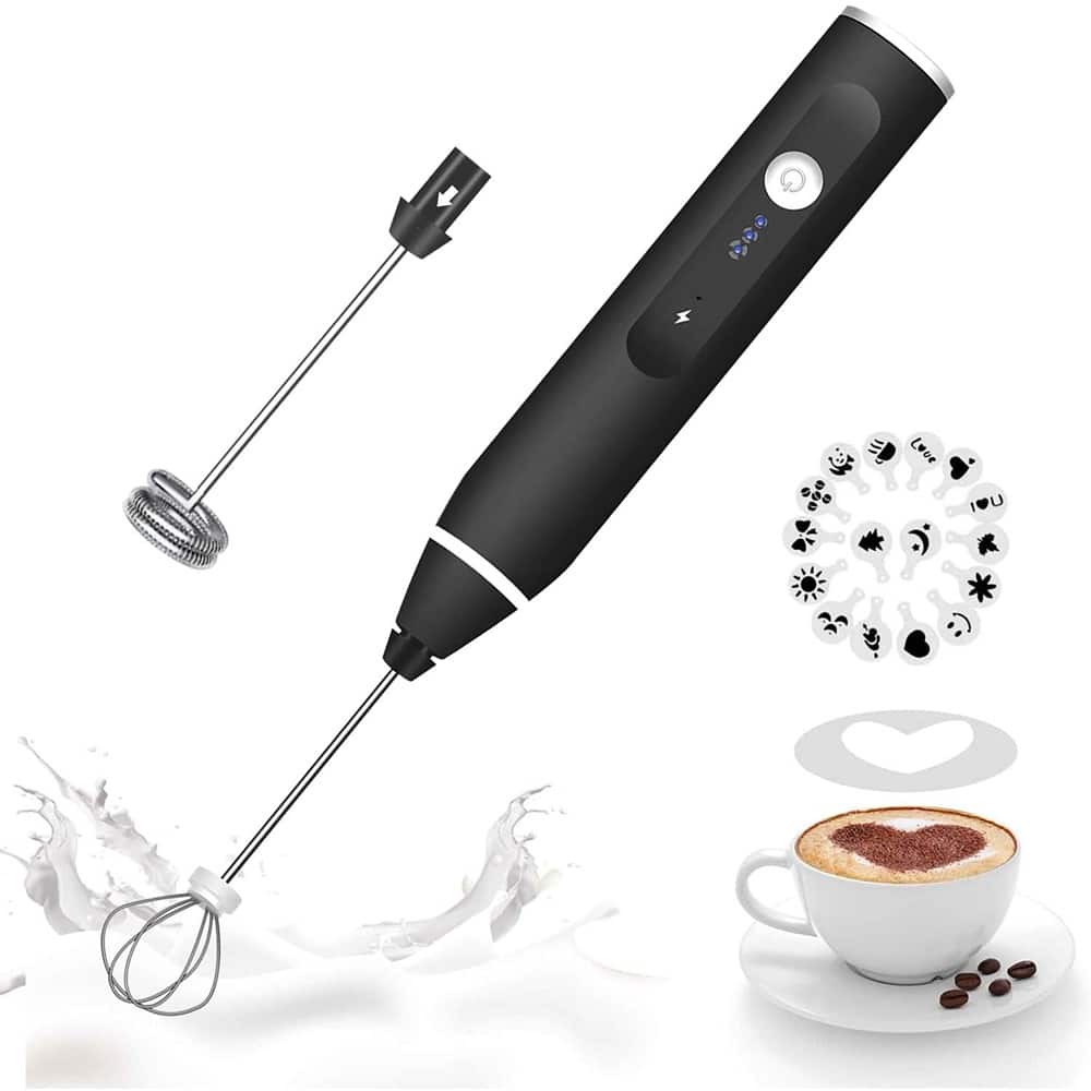 ACJPR - Milk Frother Handheld Rechargeable Whisk Drink Mixer with Art Stencils for Coffee, Cappuccino, Frappe, and More - Black