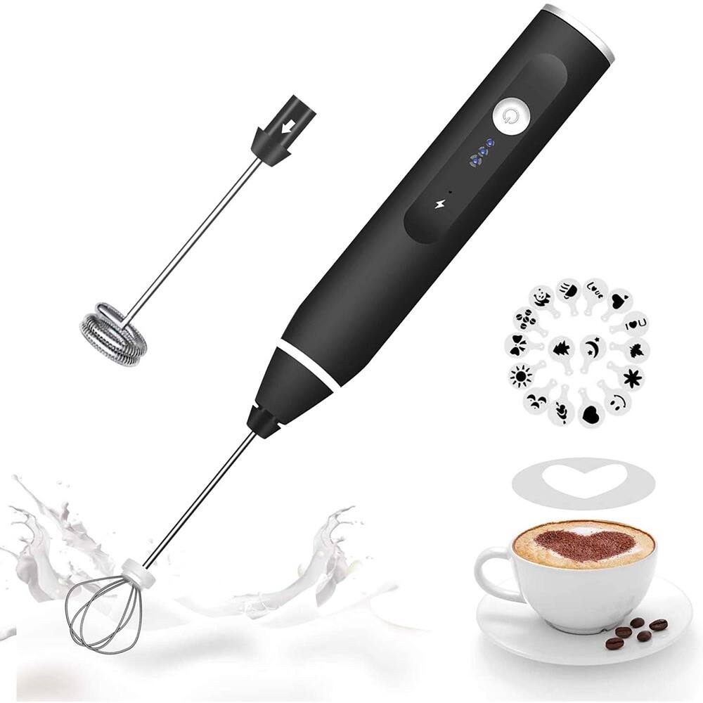 Front. ACJPR - Milk Frother Handheld Rechargeable Whisk Drink Mixer with Art Stencils for Coffee, Cappuccino, Frappe, and More - Black.