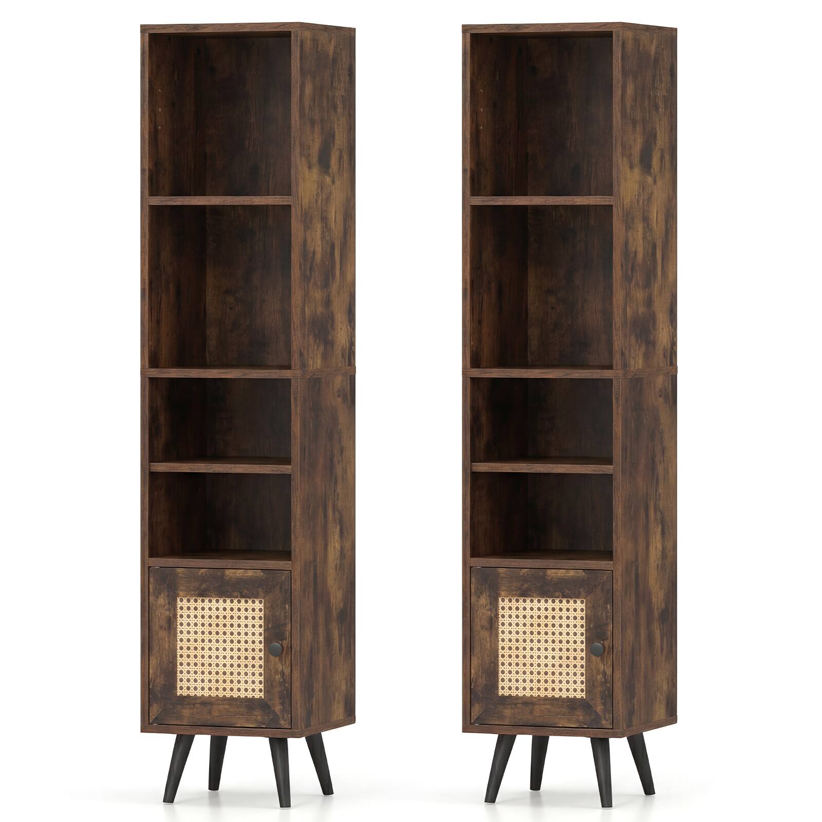 Alt View 9. Gymax - Gymax 2PCS 6-Tier Tall Narrow Bookcase 54 Inches Storage Cabinet w/ Adjustable Shelf - Brown.