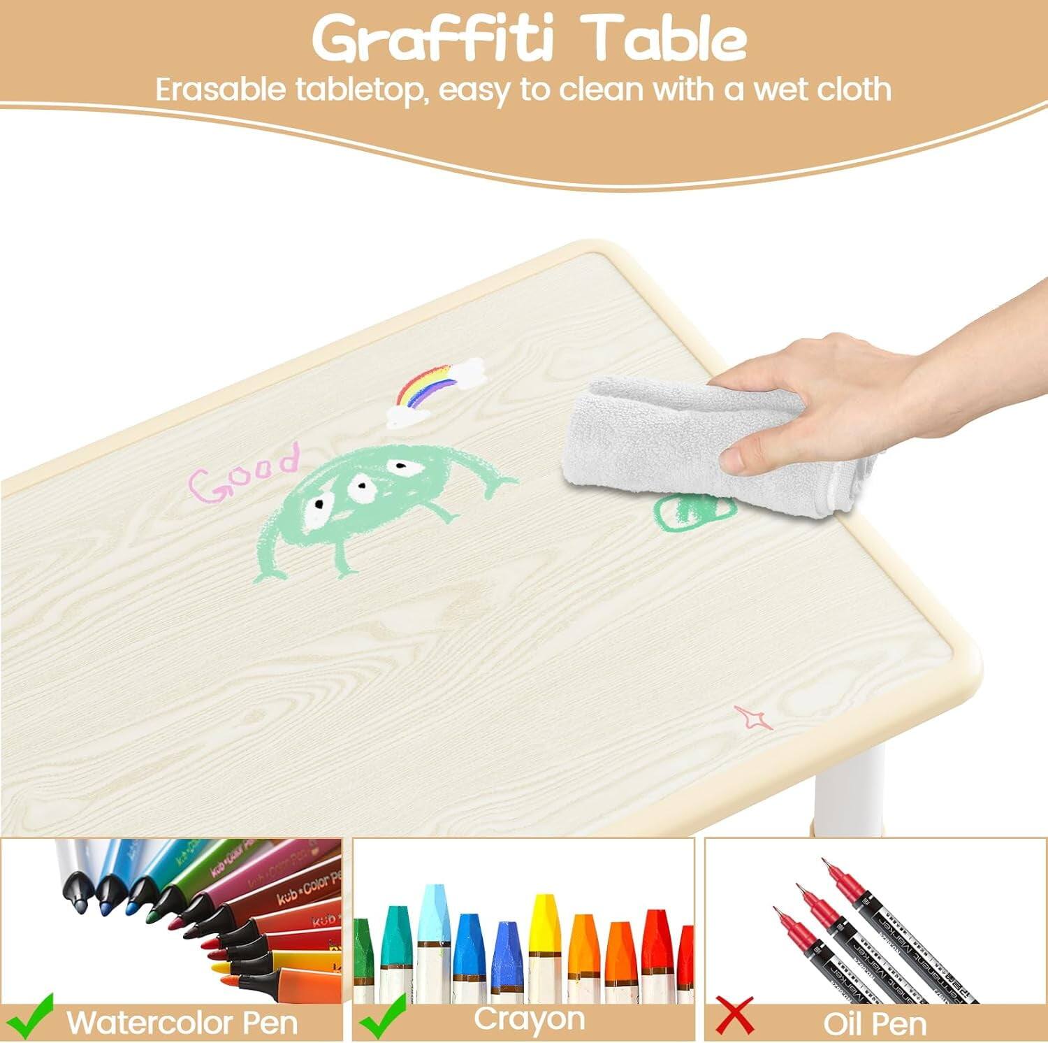Graffiti Table  
Erasable tabletop, easy to clean with a wet cloth  

Watercolor Pen  
Crayon  
Oil Pen