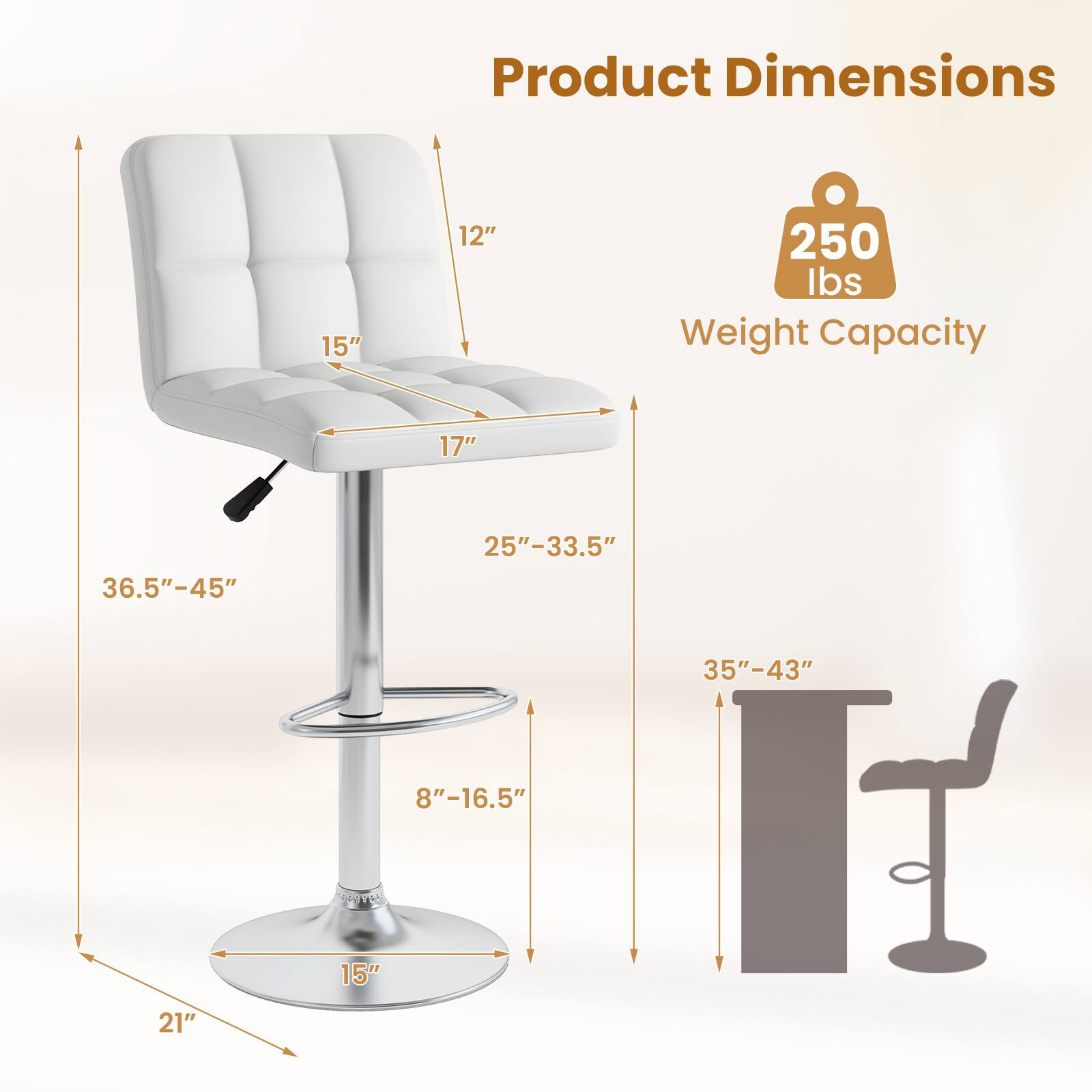 Product Dimensions: 15" 12" 250 lbs Weight Capacity 17" 36.5"-45" 25"-33.5" 35"-43" 8"-16.5" 15" 21"