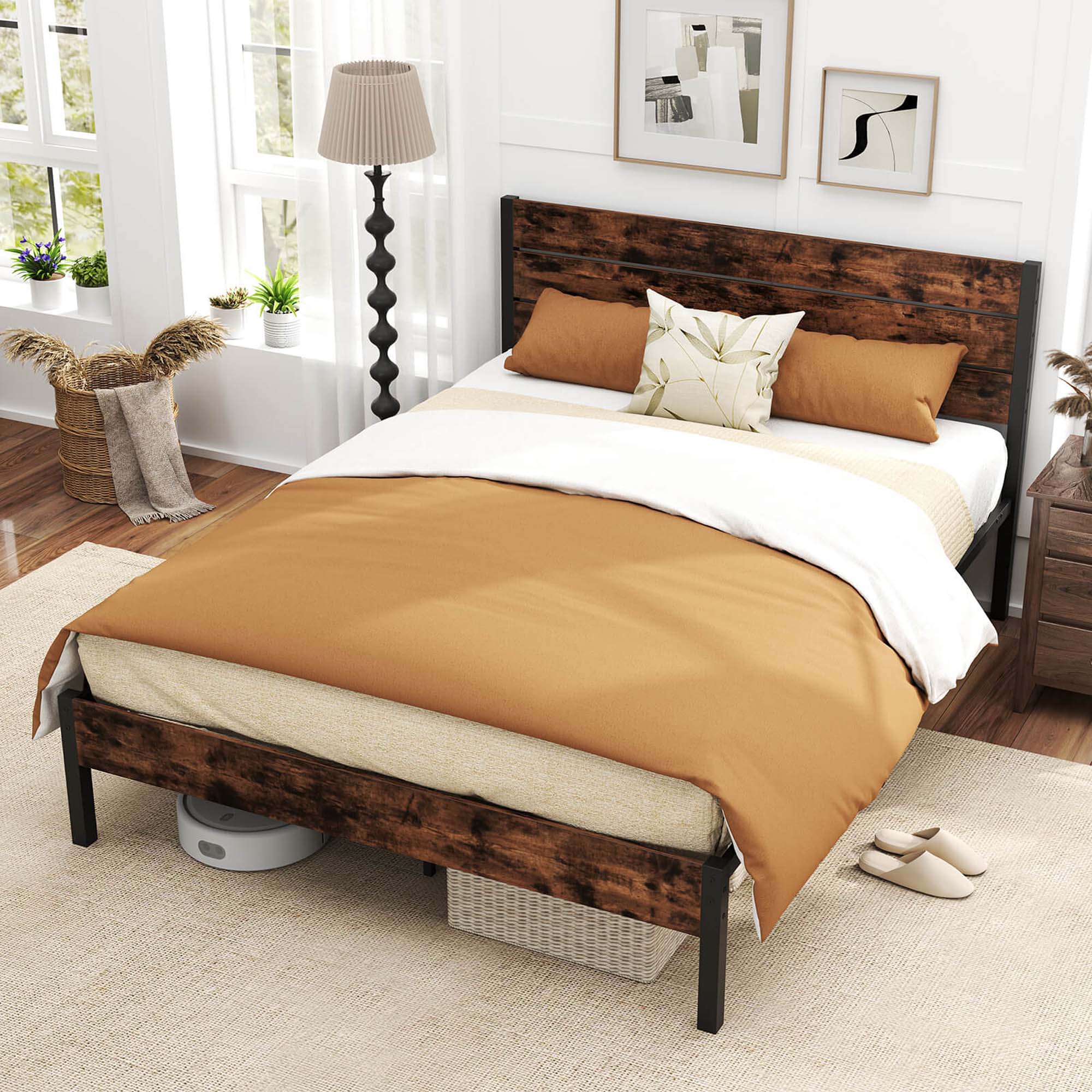 Alt View 3. Costway - Queen Bed Frame with Tall Industrial Headboard Heavy-Duty Metal Slats Support - Brown.