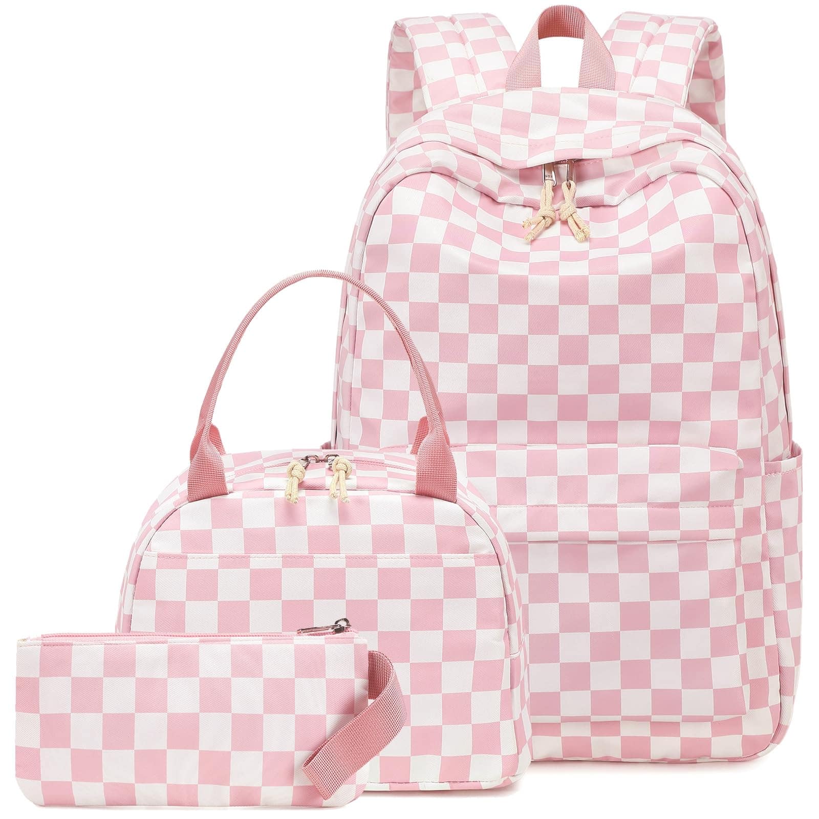 Live At Space - Backpack For School Bag Bookbag Teen Set Daypack With Lunch And Pencil Case - Grid - Pink and White