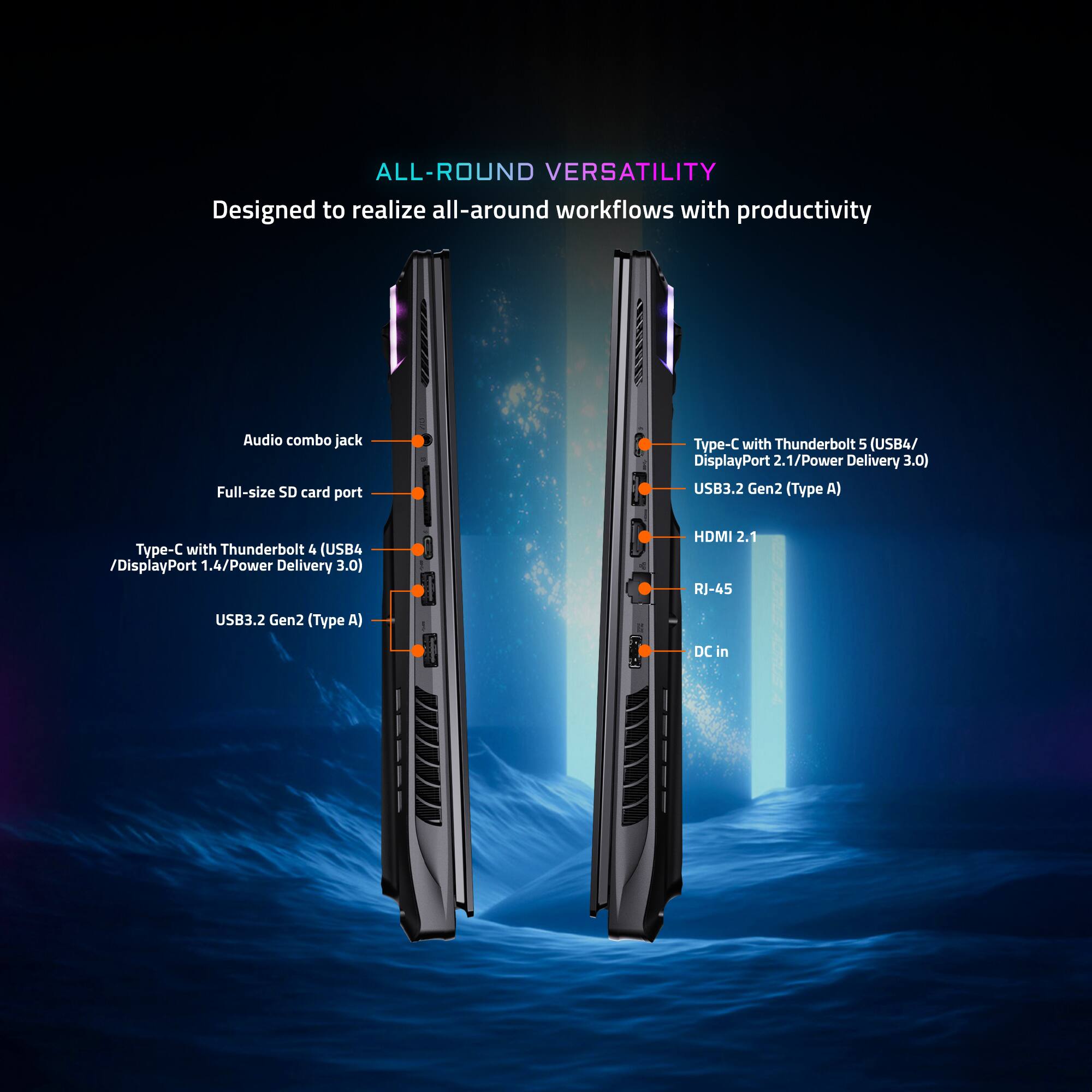 ALL-ROUND VERSATILITY
Designed to realize all-around workflows with productivity
Audio combo jack
Full-size SD card port
Type-C with Thunderbolt 4 (USB4/DisplayPort 1.4/Power Delivery 3.0)
USB3.2 Gen2 (Type A)
Type-C with Thunderbolt 5 (USB4/DisplayPort 2.1/Power Delivery 3.0)
USB3.2 Gen2 (Type A)
HDMI 2.1
RJ-45
DC in