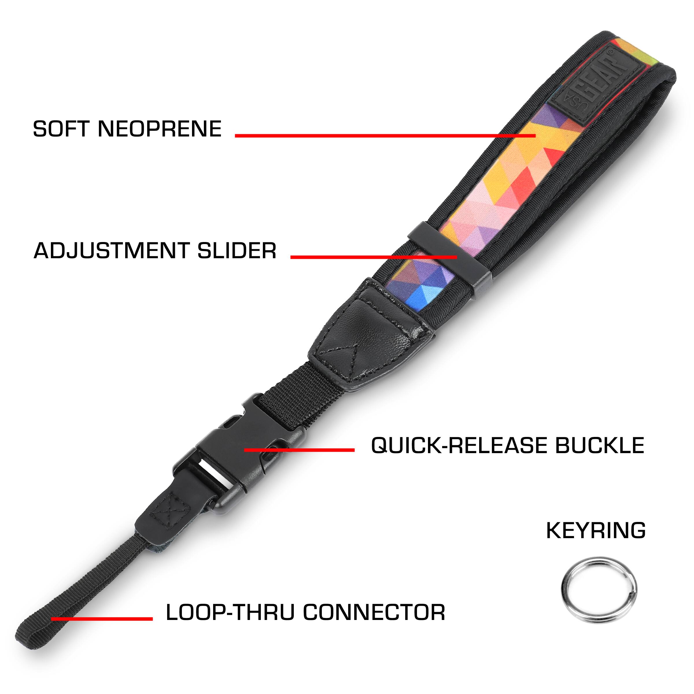 SOFT NEOPRENE  
ADJUSTMENT SLIDER  
QUICK-RELEASE BUCKLE  
LOOP-THRU CONNECTOR  
KEYRING