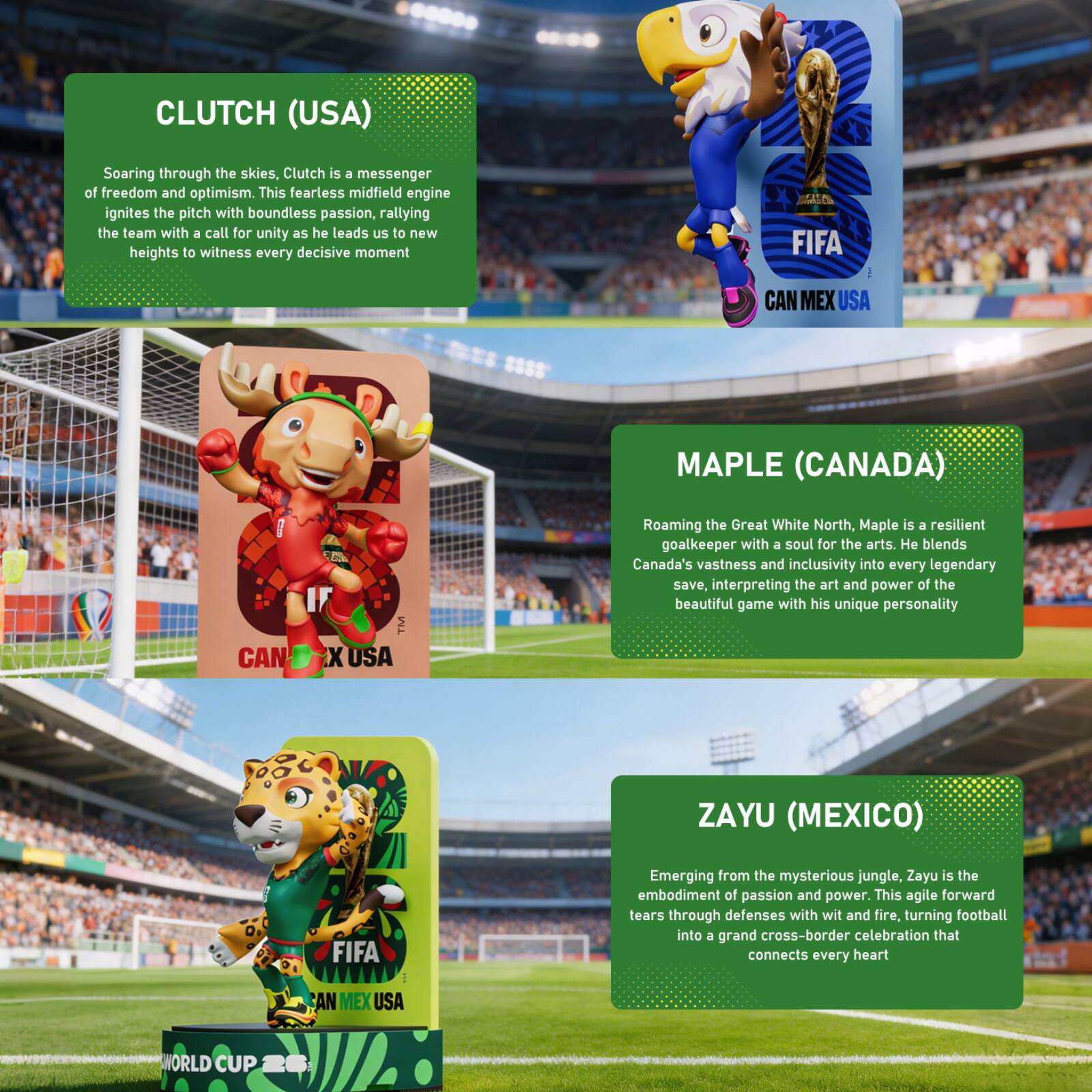 CLUTCH (USA)  
Soaring through the skies, Clutch is a messenger of freedom and optimism. This fearless midfield engine ignites the pitch with boundless passion, rallying the team with a call for unity as he leads us to new heights to witness every decisive moment.  

FIFA: CAN MEX USA  

MAPLE (CANADA)  
Roaming the Great White North, Maple is a resilient goalkeeper with a soul for the arts. He blends Canada's vastness and inclusivity into every legendary save, interpreting the art and power of the beautiful game with his unique personality.  

CAN X USA  

ZAYU (MEXICO)  
Emerging from the mysterious jungle, Zayu is the embodiment of passion and power. This agile forward tears through defenses with wit and fire, turning football into a grand cross-border celebration that connects every heart.  

FIFA WORLD CUP 26
