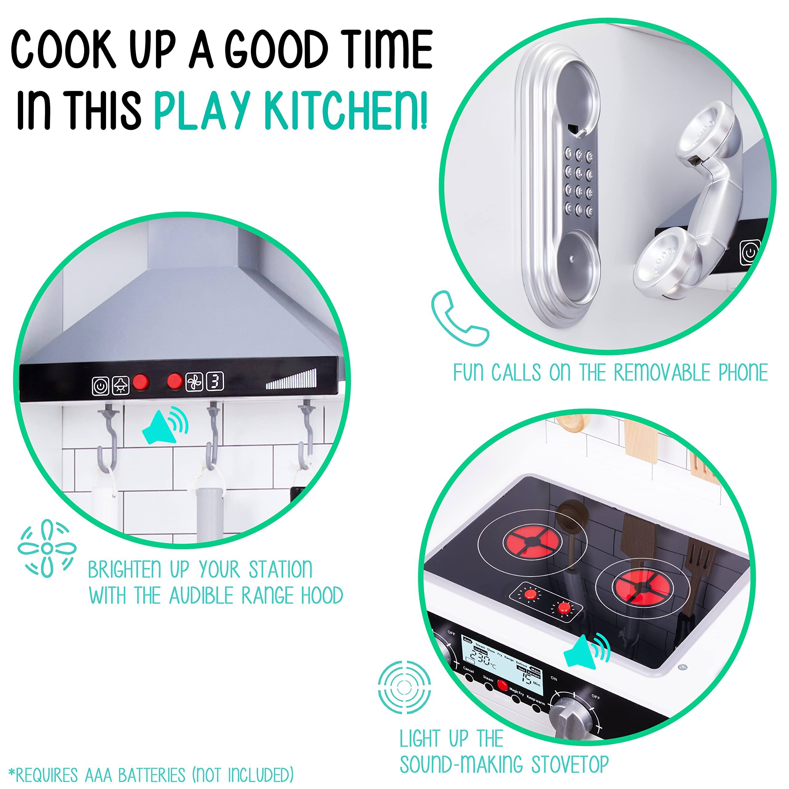 COOK UP A GOOD TIME In THIS PLAY KITCHEN!  FUN CALLS on THE REMOVABLE PHONE BRIGHTEN UP YOUR STATION WITH THE AUDIBLE RANGE HOOD LIGHT UP THE SOUND-MAKING STOVETOP *REQUIRES AAA BATTERIES (NOT INCLUDED)