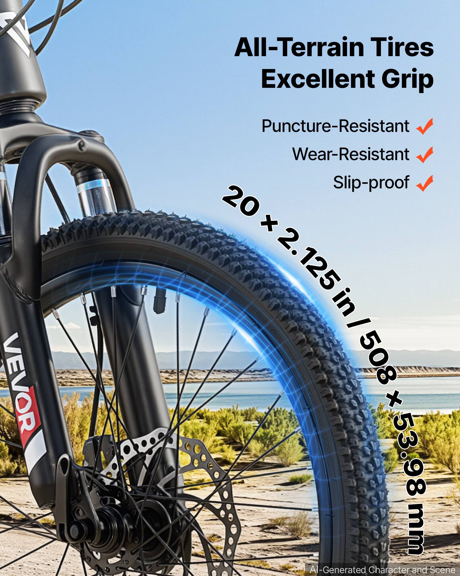 All-Terrain Tires Excellent Grip

Puncture-Resistant
Wear-Resistant
Slip-proof

20 x 2.125 in / 508 x 53.98 mm

VEVOR

AI-Generated Character and Scene
