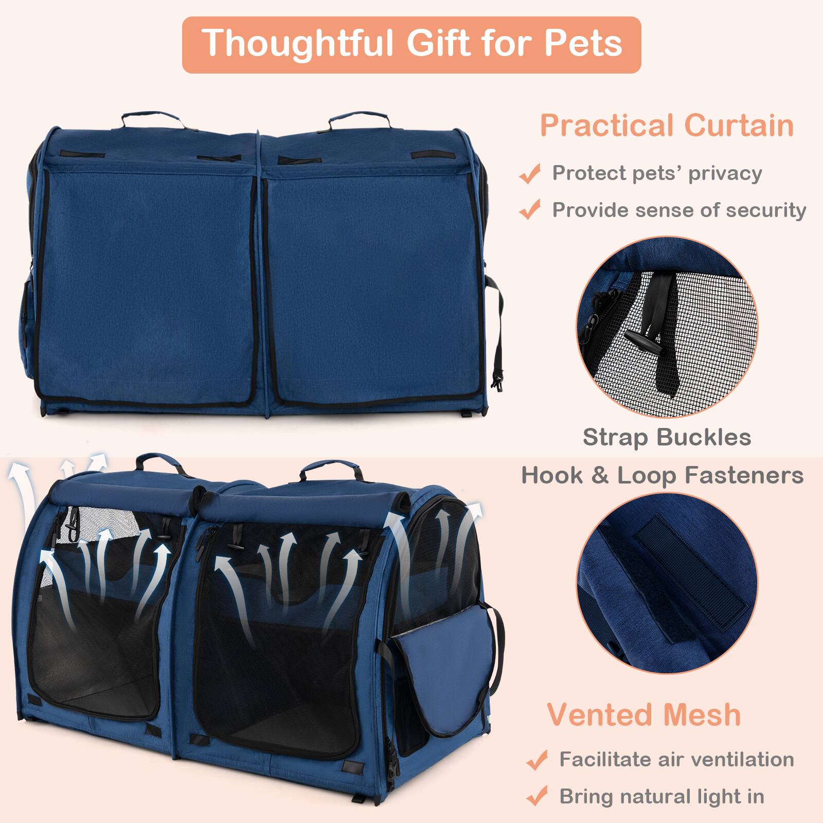 Thoughtful Gift for Pets: Practical Curtain Protect pets' privacy Provide sense of security Strap Buckles Hook & Loop Fasteners Vented Mesh Facilitate air ventilation Bring natural light in