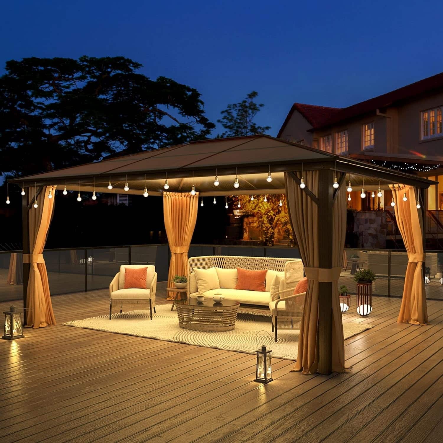 U-HOMY - Outdoor Hardtop Gazebo with Aluminum Frame, Single Sunlight Roof, Curtains & Netting - 12'x16'