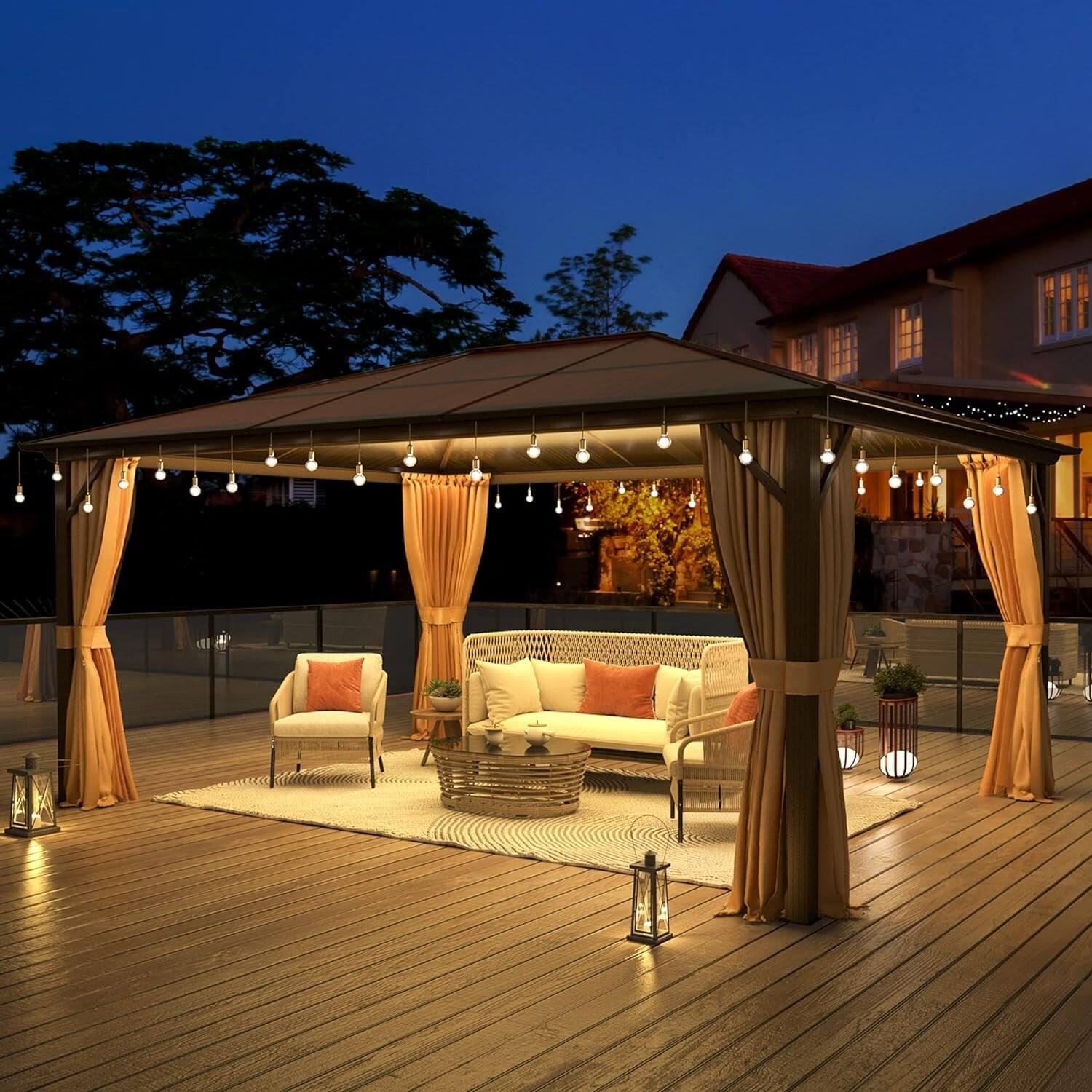 Front. U-HOMY - Aluminum Hardtop Pergola Gazebo with Netting & Curtains for Patio and Backyard - 12'x16'.