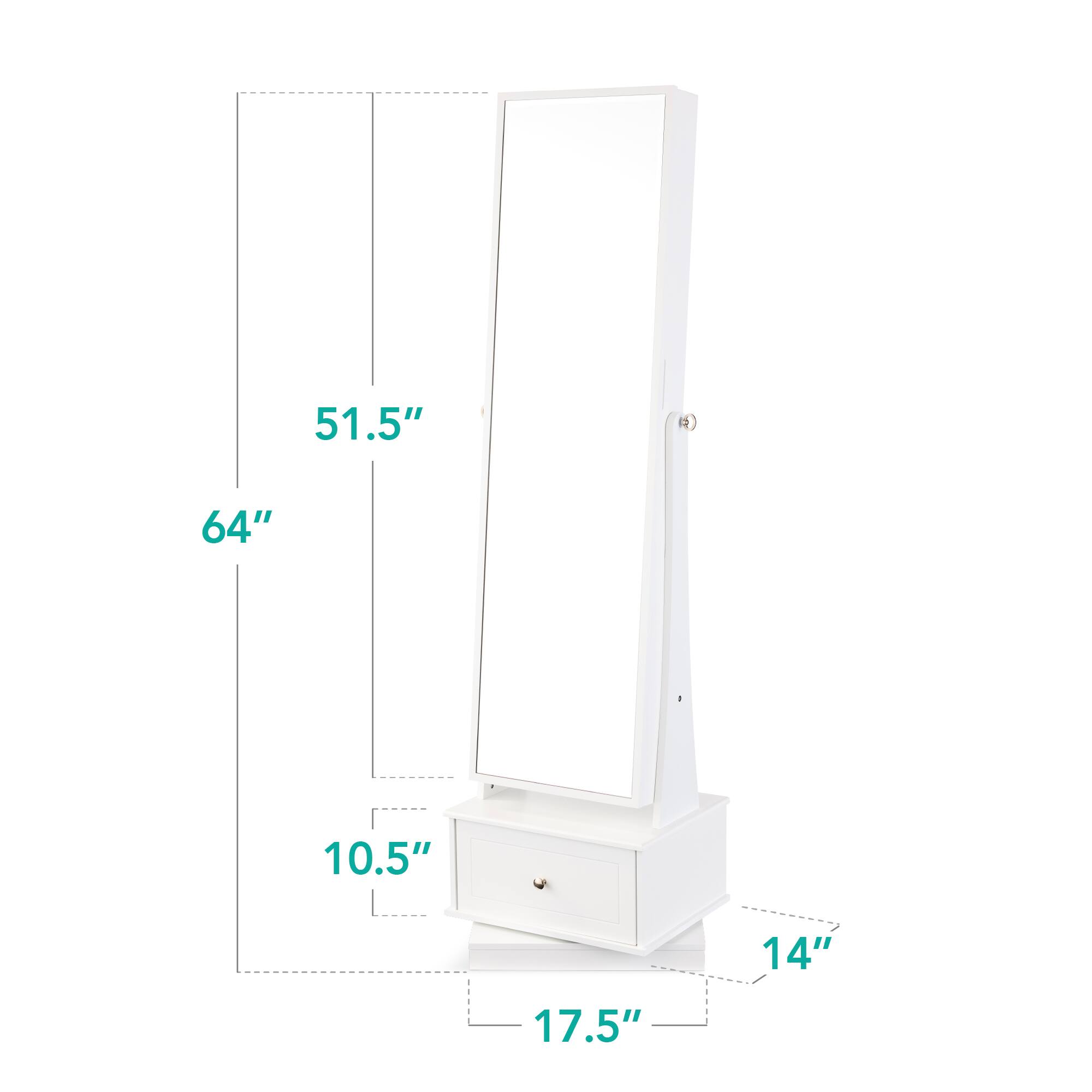 The dimensions of the mirror are:

- Height: 64"
- Width: 51.5"
- Depth: 10.5"
- Base: 17.5" x 14"