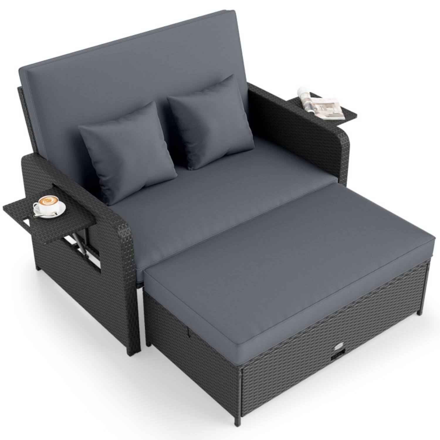 Alt View 6. Mondawe - PE Wicker Outdoor Daybed w 4-Level Backrest Storage Ottoman Side Tables 800 lbs - Gray.
