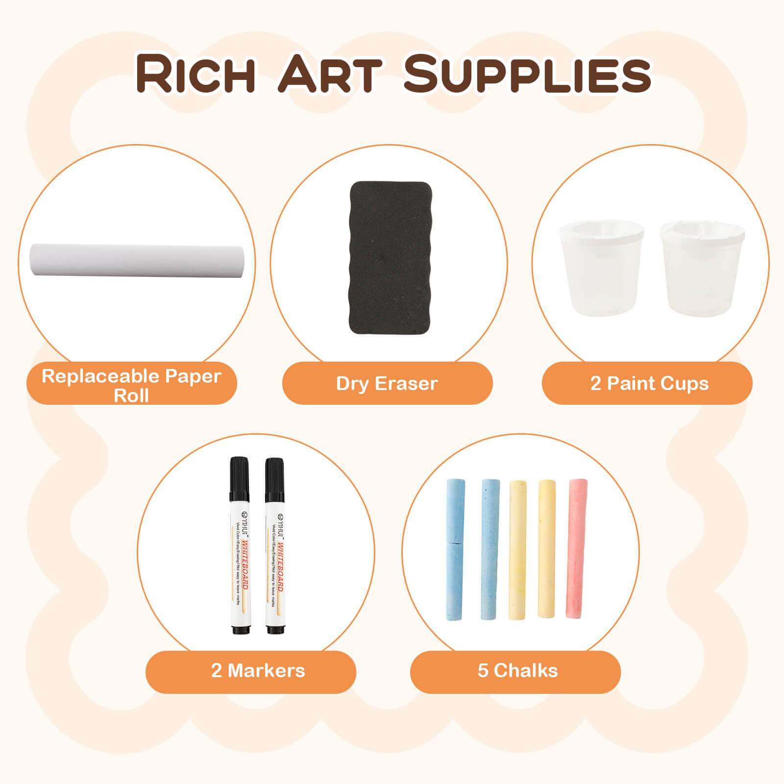 RICH ART SUPPLIES  
- Replaceable Paper Roll  
- Dry Eraser  
- 2 Paint Cups  
- 2 Markers  
- 5 Chalks