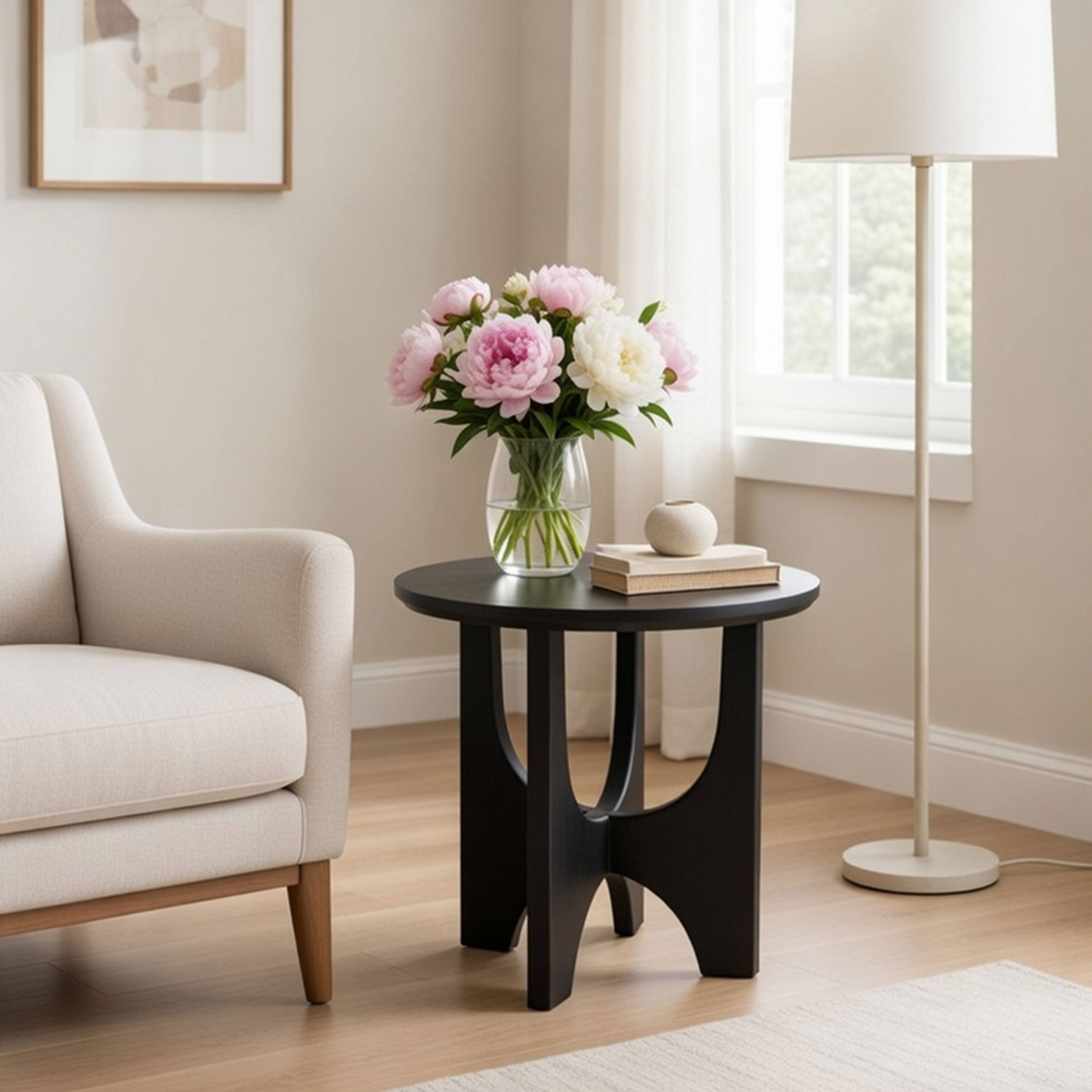 Alt View 6. Manhattan Lane - Sara Round Side End Table, 20 Inch Solid Mango Wood Top in Matte Black with Curved legs - Black.
