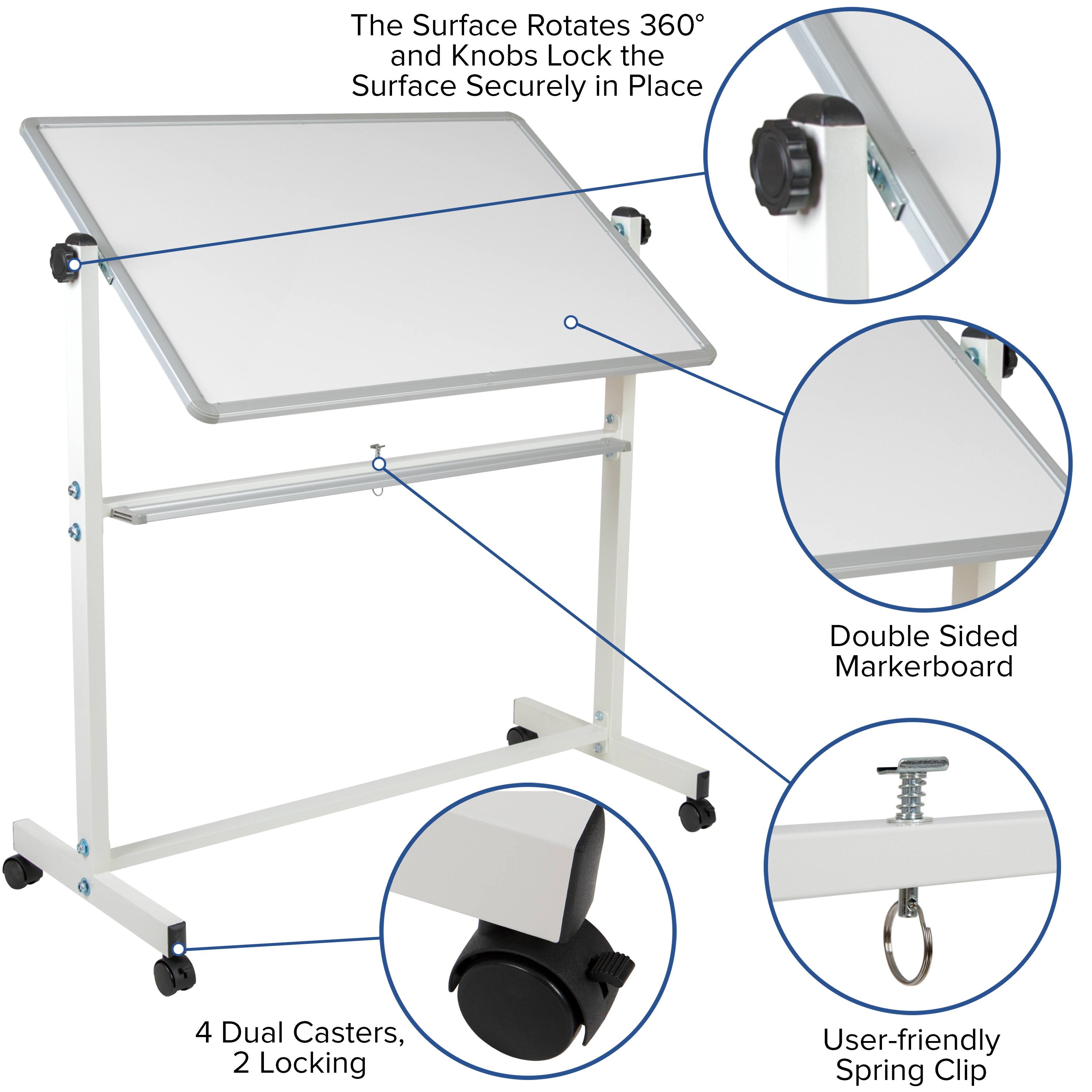 The Surface Rotates 360° and Knobs Lock the Surface Securely in Place

Double Sided Markerboard

4 Dual Casters, 2 Locking

User-friendly Spring Clip