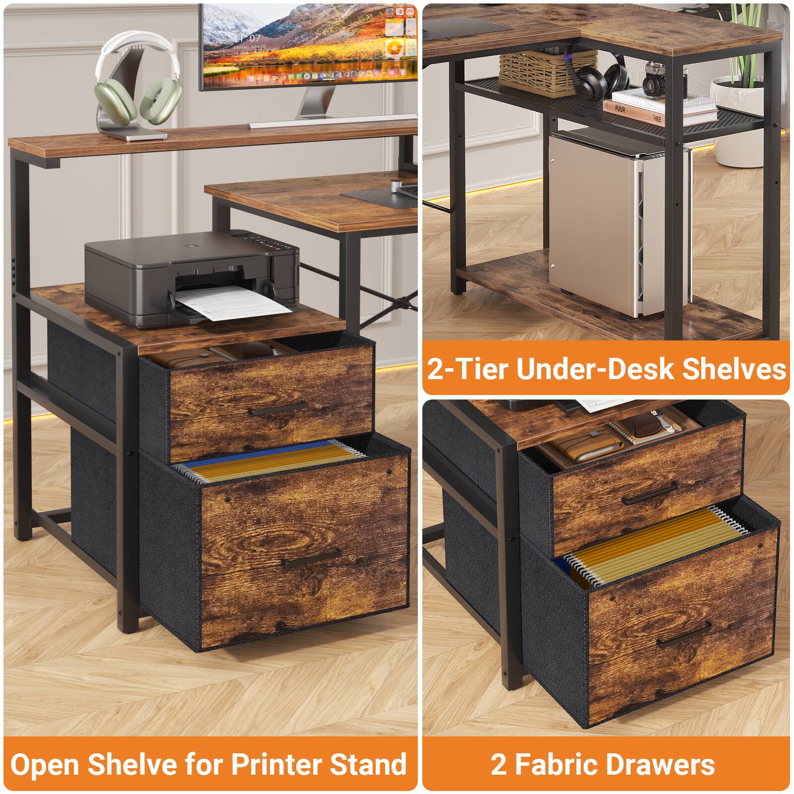 RIN - 2-Tier Under-Desk Shelves Open Shelf for Printer Stand 2 Fabric Drawers

- 2-Tier Under-Desk Shelves
- Open Shelf for Printer Stand
- 2 Fabric Drawers