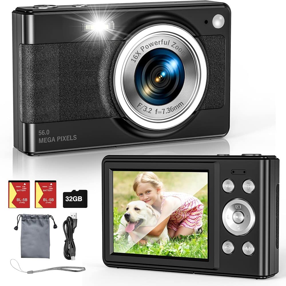 ACJPR - 56MP Digital Camera, FHD 1080P, 16X Zoom, 32GB Card, Anti-Shake (Black)