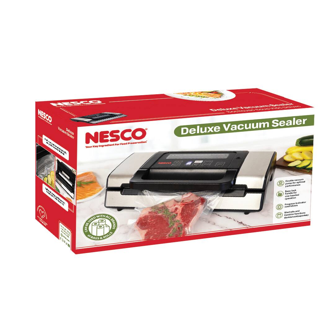 NESCO HESCO Deluxe Vacuum Sealer  
NESCO Far Food Preservation Vacuum Sealer Deluxe  
Vacuum Sealer Deluxe  
Compatible with all used brands of bags & rolls  
International patent  
Enriched with  
Fanie tr i -.hunaes  
-oigt Prograss  
Ear + nm Maciamo  
-n Ganbster nroone WA