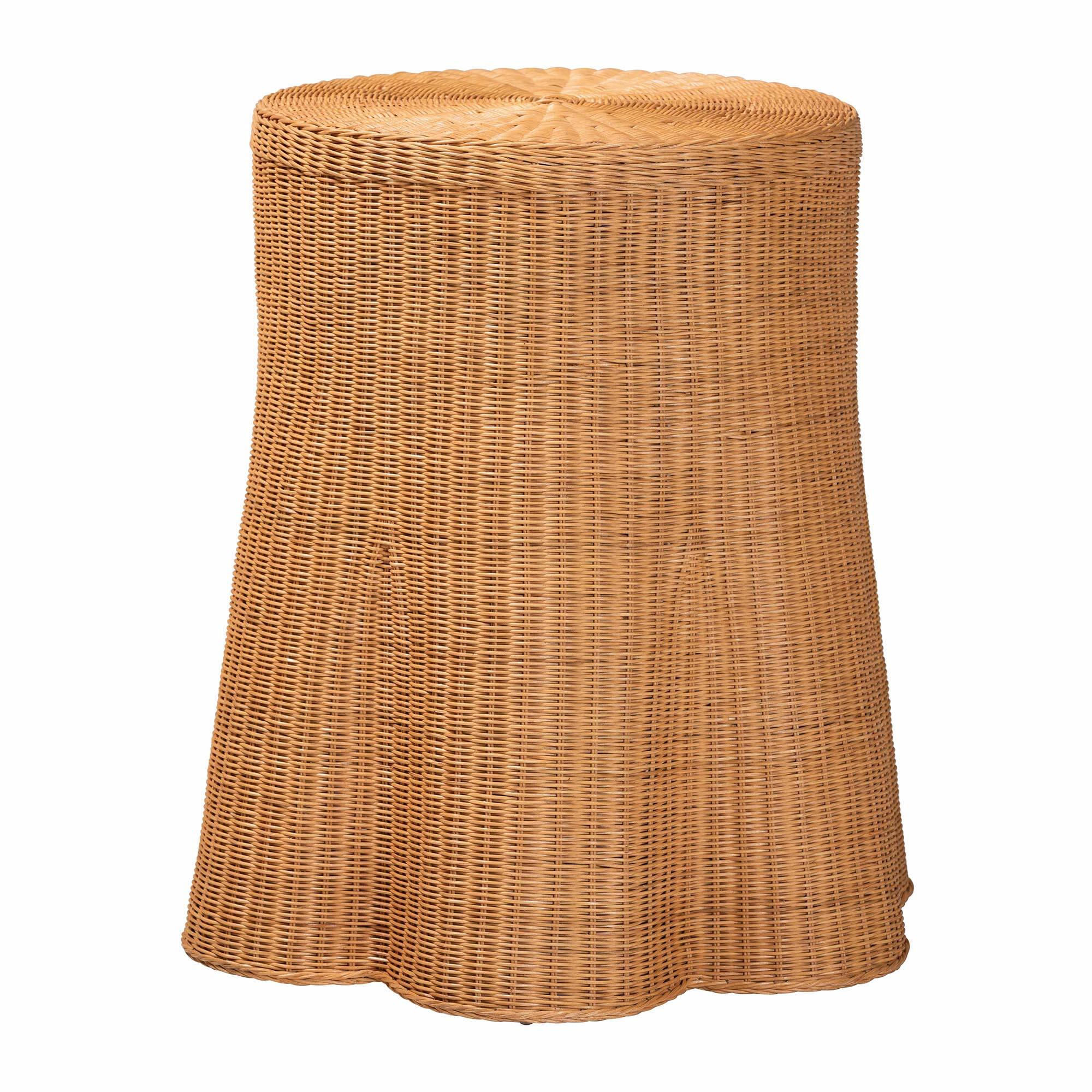 Alt View 1. bali & pari - Dayo Scalloped Natural Rattan Console Table with Drawer - Handwoven Wicker with Flared Skirt, Round - Light Honey.