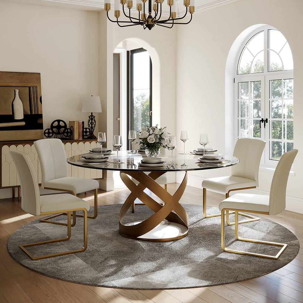 Angle. POVISON - 59" Modern Glass Round Dining Table for 4, Clear Tempered Glass Circle Tabletop with Bronze X Carbon Steel Base - Clear Tempered Glass with Bronze.