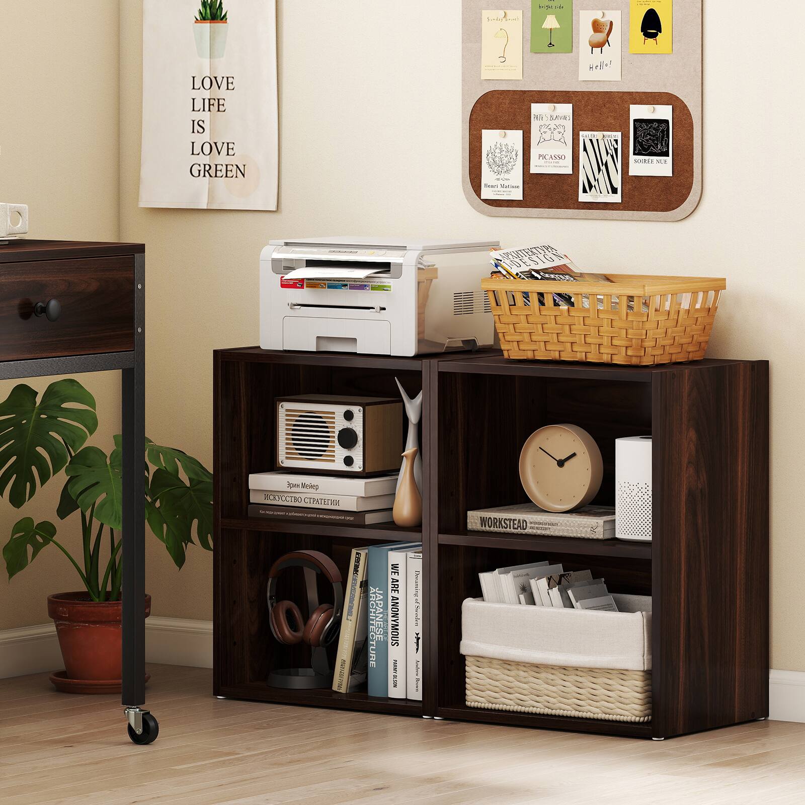 Sure, here is the corrected and grouped text from the image:

---

**Top Left Poster:**
- LOVE LIFE IS LOVE GREEN

**Cork Board:**
- Hello!
- PICASSO
- SORRY NOT

**Books and Items:**
- WORKSTEAD
- WE ARE ANONYMOUS
- ARCHITECTURE
- JAPAN
- NESE
- ME
- ARE
- ANONYMOUS

**Other Text:**
- Spee Mokep
- I - I - I
- 2 VHCH
- JAPAN
- RCHITECTURE
- NESE
- ME
- ARE
- ANONYMOUS
- I F I

---

This text is grouped based on its appearance in the image.