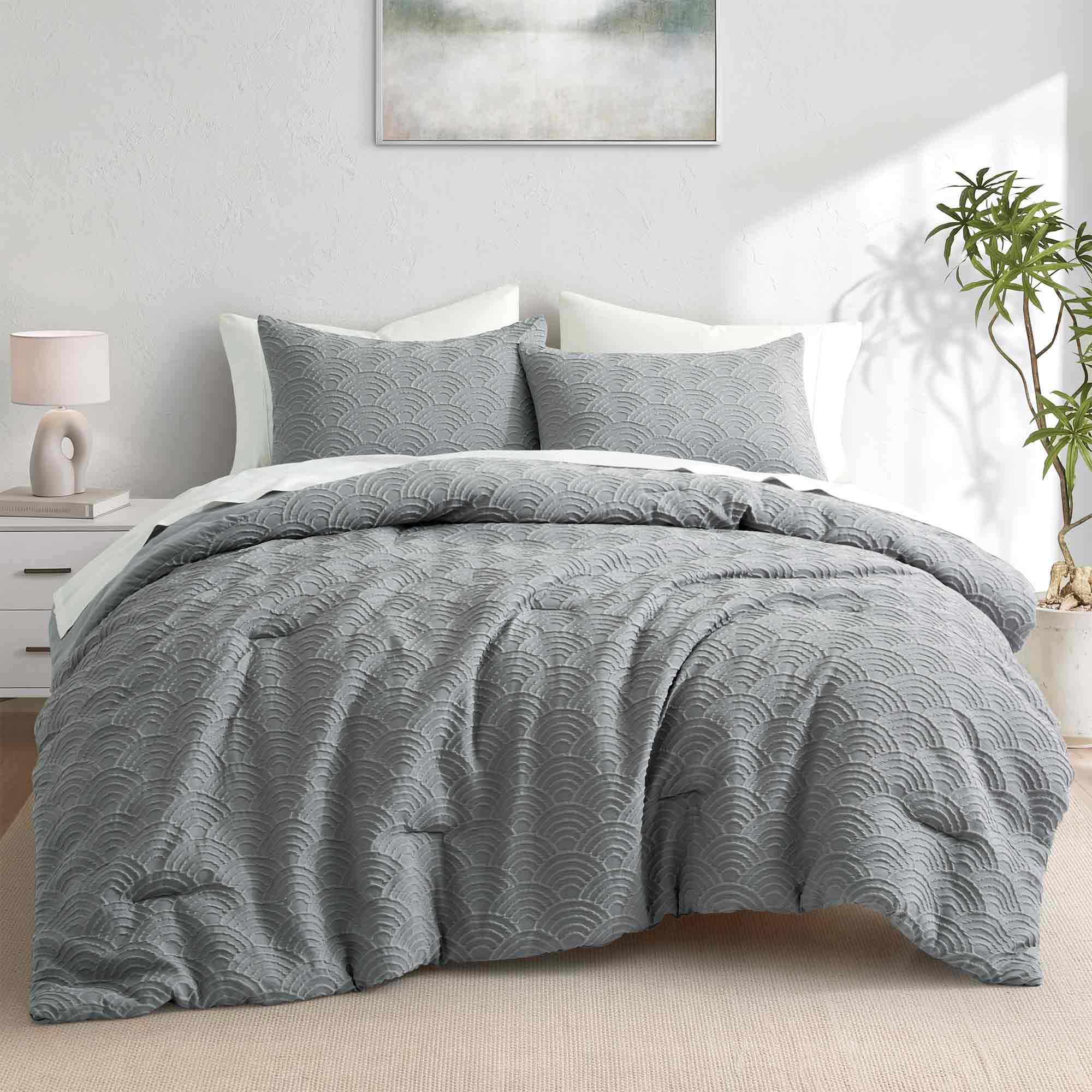 Peace Nest - 3-Piece Bubble Textured Seersucker Comforter Set, All Season Down Alternative Bedding, Twin - Gray