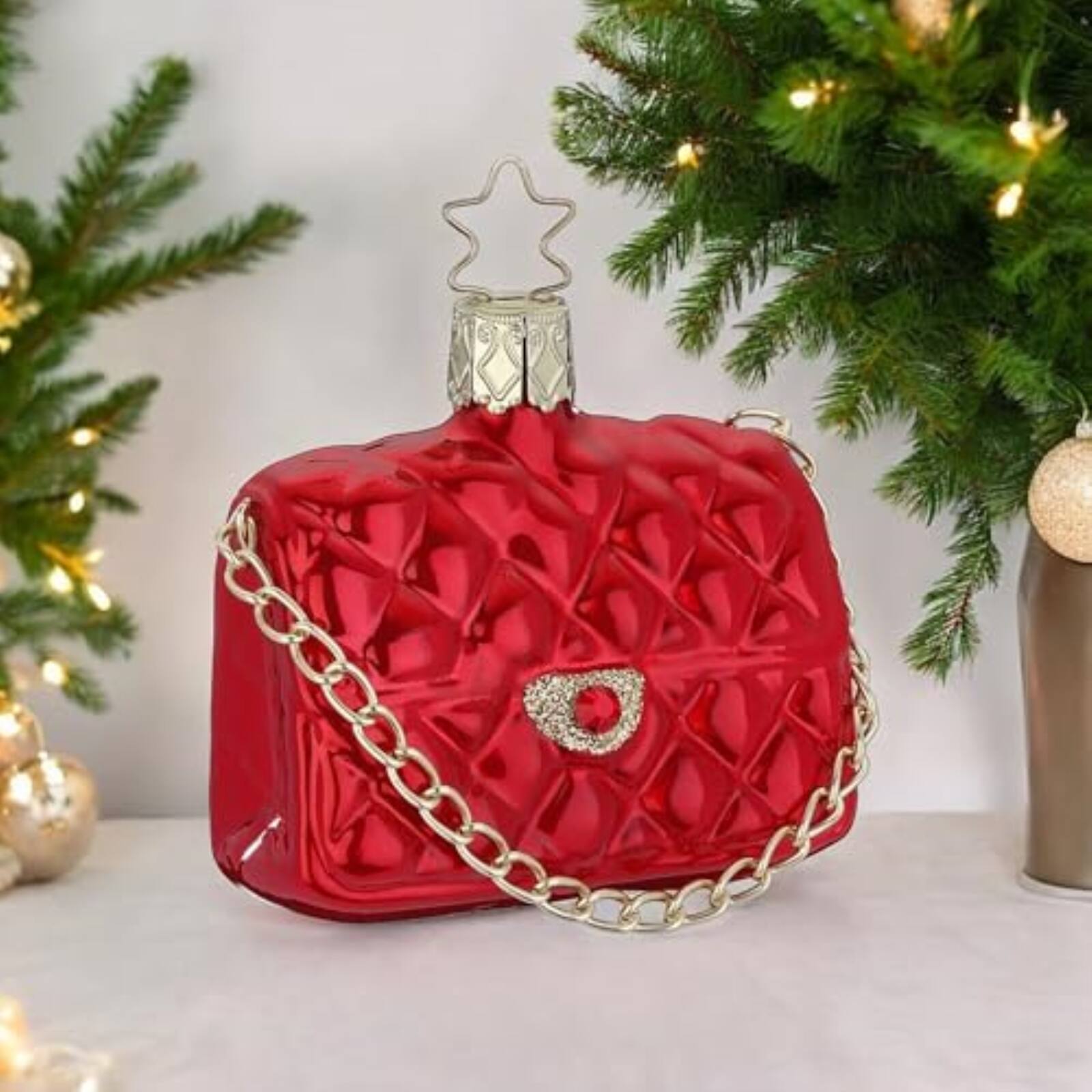 Back. Inge Glas - Inge Glas Fancy Red Clutch Purse Bag German Glass Christmas Ornament FREE BOX - Red.