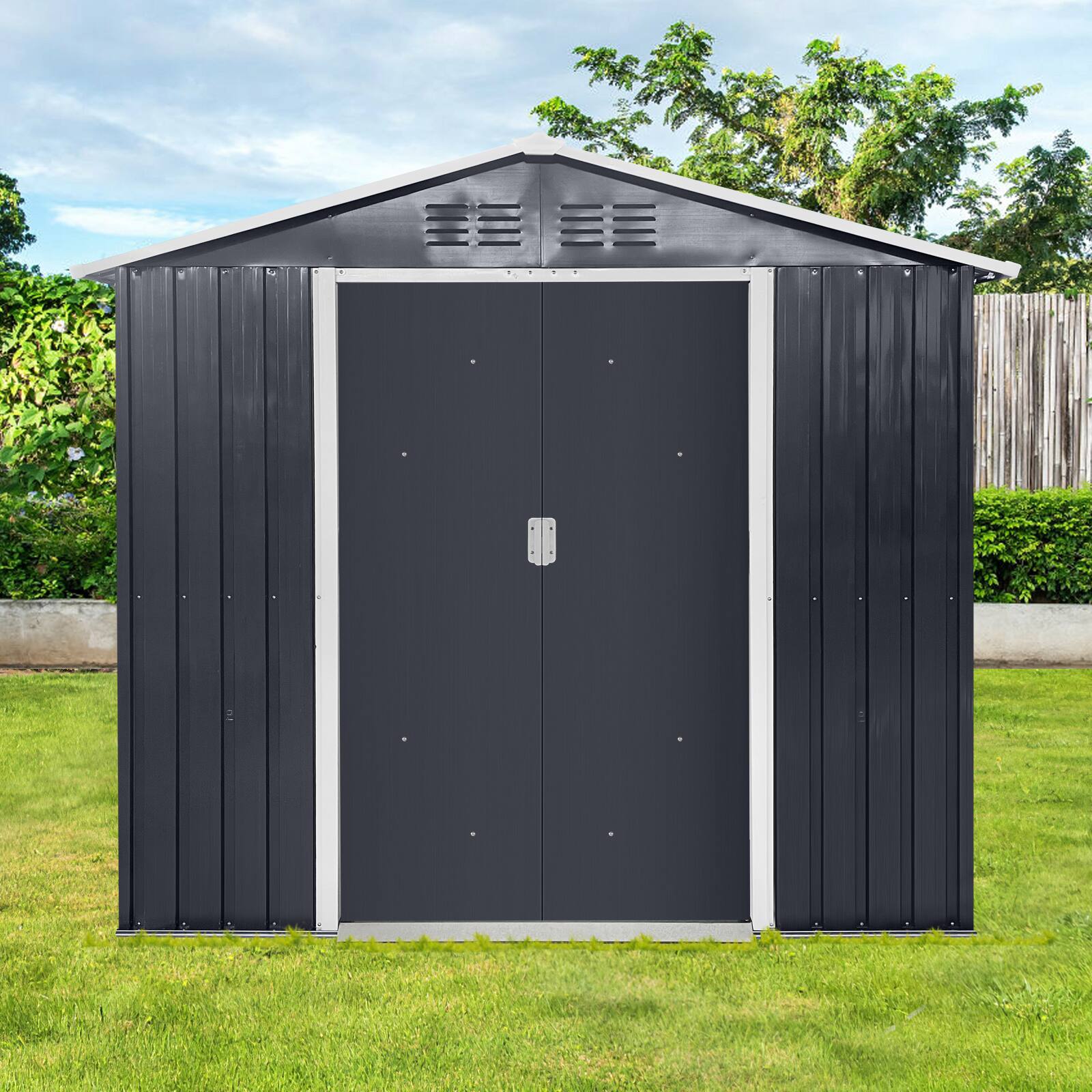 Front. Mondawe - 7x4ft Metal Garden Sheds with Window - Grey.