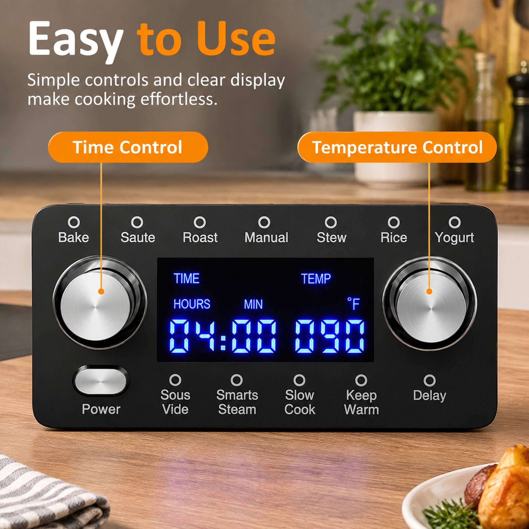 Easy to Use  
Simple controls and clear display make cooking effortless.

**Time Control**  
- Bake  
- Saute  
- Roast  
- Manual  
- Stew  
- Rice  
- Yogurt  

**Temperature Control**  
- Sous Vide  
- Smarts Steam  
- Slow Cook  
- Keep Warm  
- Delay  

**Display**  
- TIME  
  - HOURS: 04:00  
  - MIN: 00  
- TEMP: 090°F