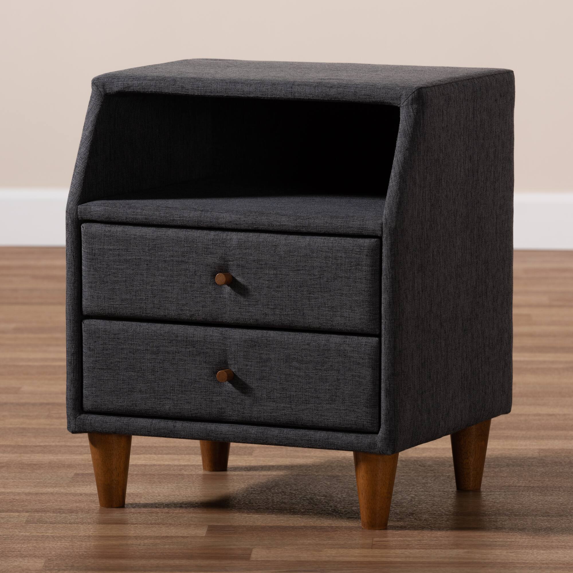 Alt View 4. Baxton Studio - Claverie Mid-Century Modern Charcoal Fabric Upholstered 2-Drawer Wood Nightstand - Charcoal.
