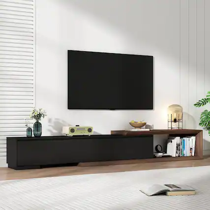 Front. Espafurni - 82 - 107.3 Inch Extendable TV Stand - 3 Drawers, Modern Minimalist Entertainment Center with Reversible Console - Black & Walnut.