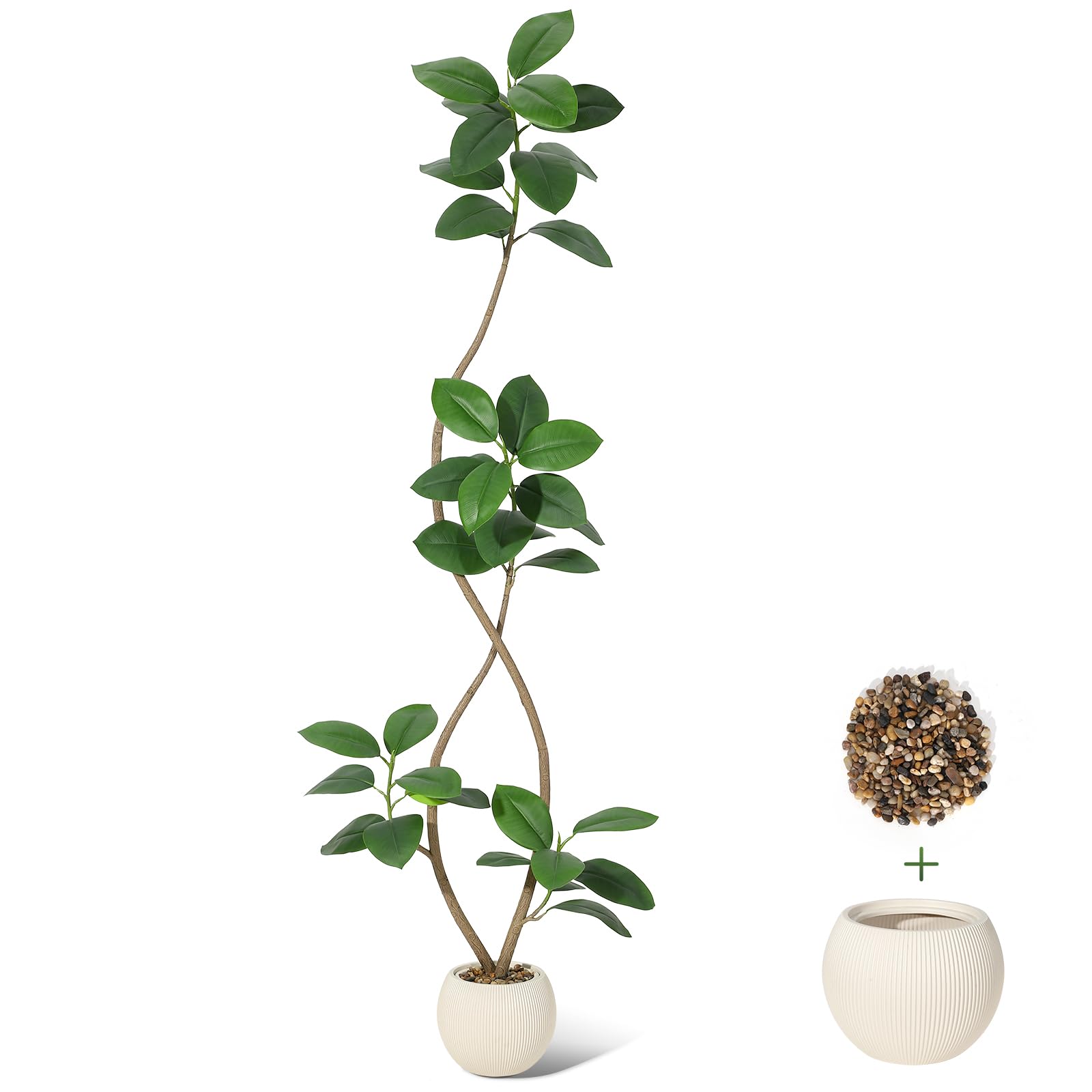 Babevy- 7FT Artificial Rubber Tree with Off-White Sphere Planter, Real Touch Faux Plant, Tall Indoor Floor Decor