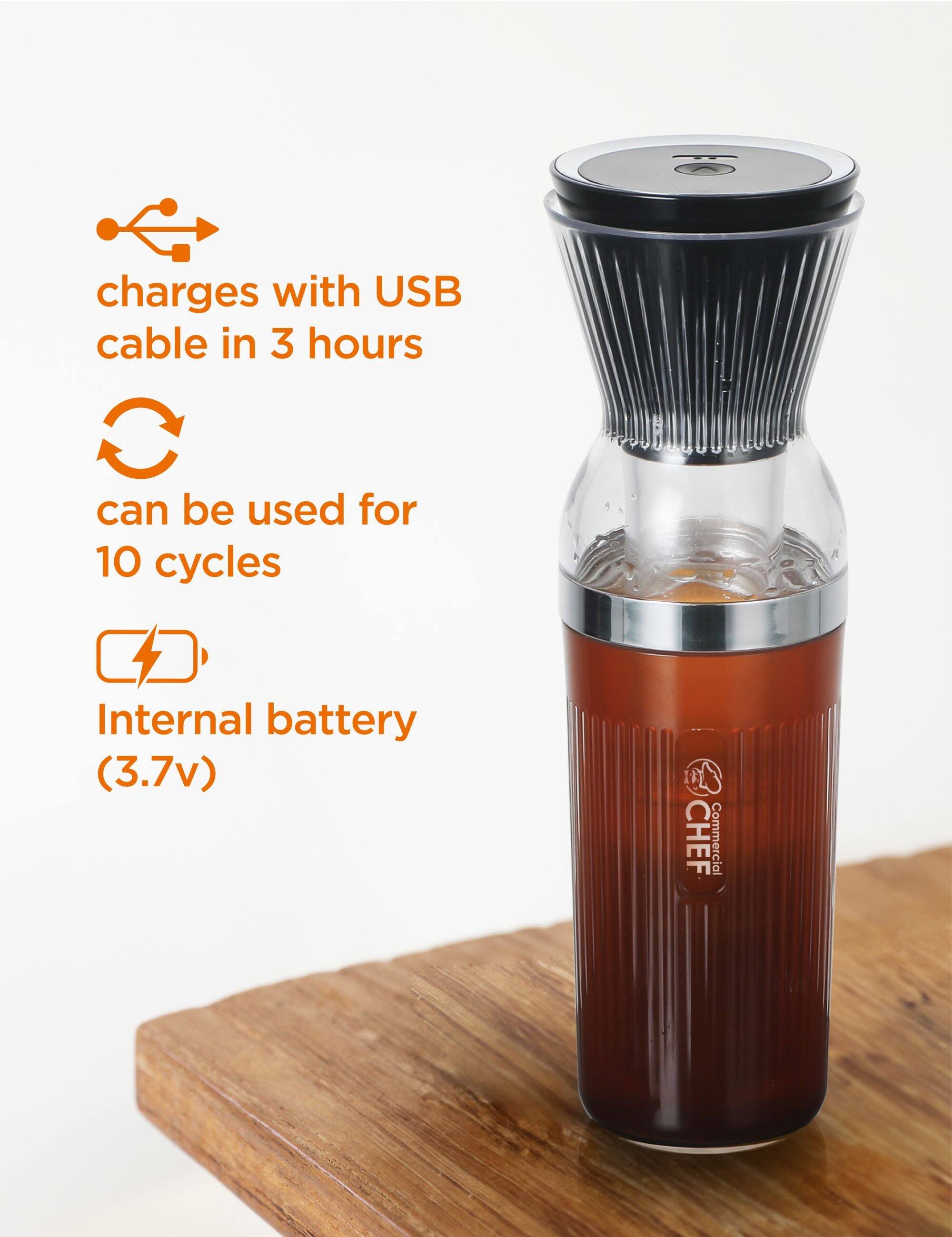 D CHEF Commercial charges with USB cable in 3 hours can be used for 10 cycles Internal battery (3.7v)