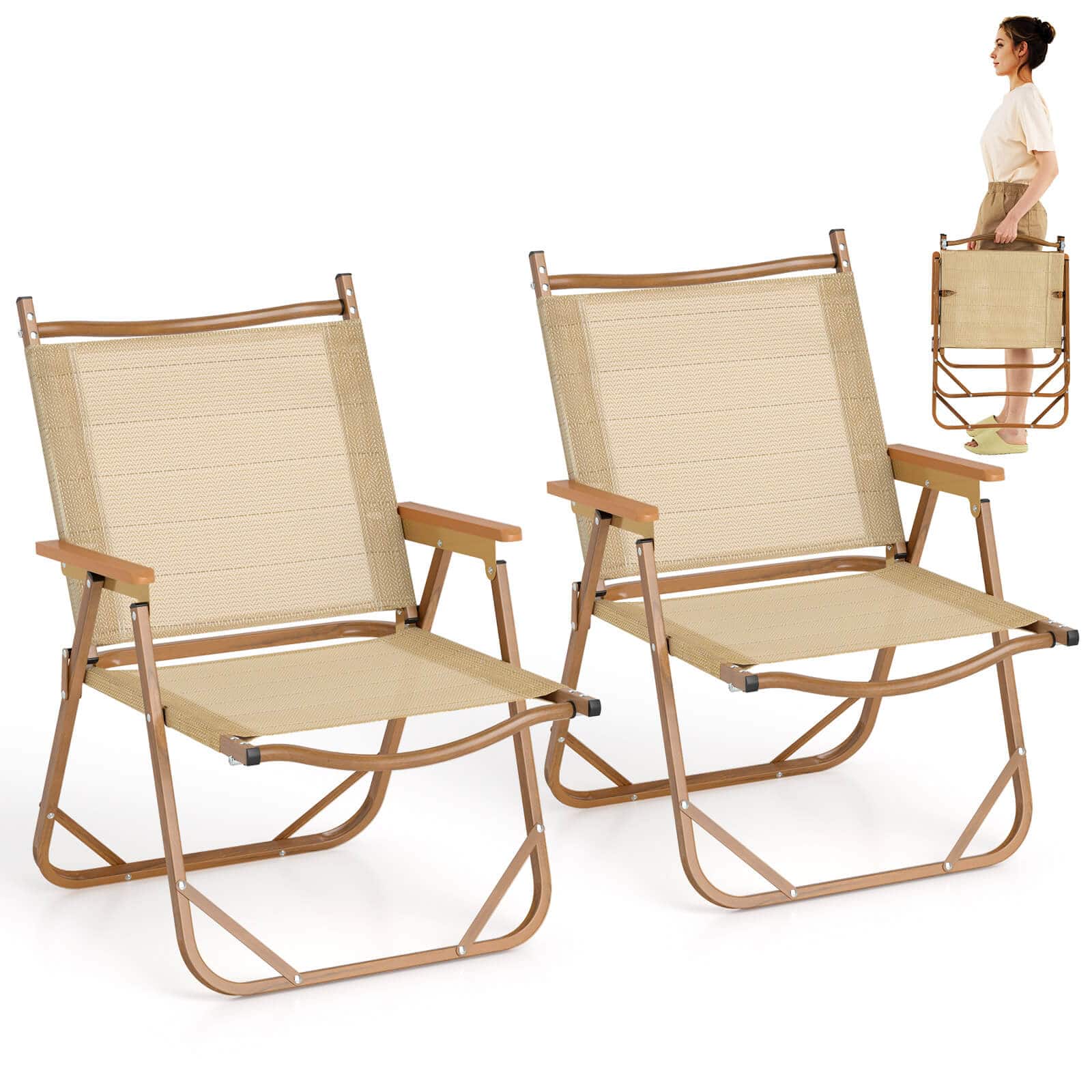 Costway - Folding Camp Chairs Set of 2 with Aluminum Frame Support 400 LBS with Armrests - Beige