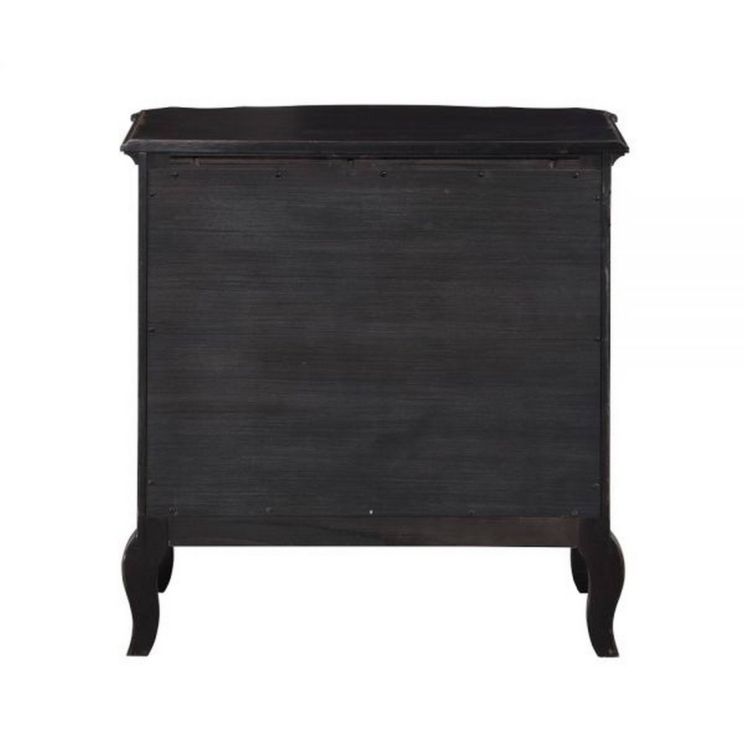 Back. Manhattan Lane - 30 Inch Nightstand, 3 Drawers, Cabriole Legs, Rubberwood, - Black.