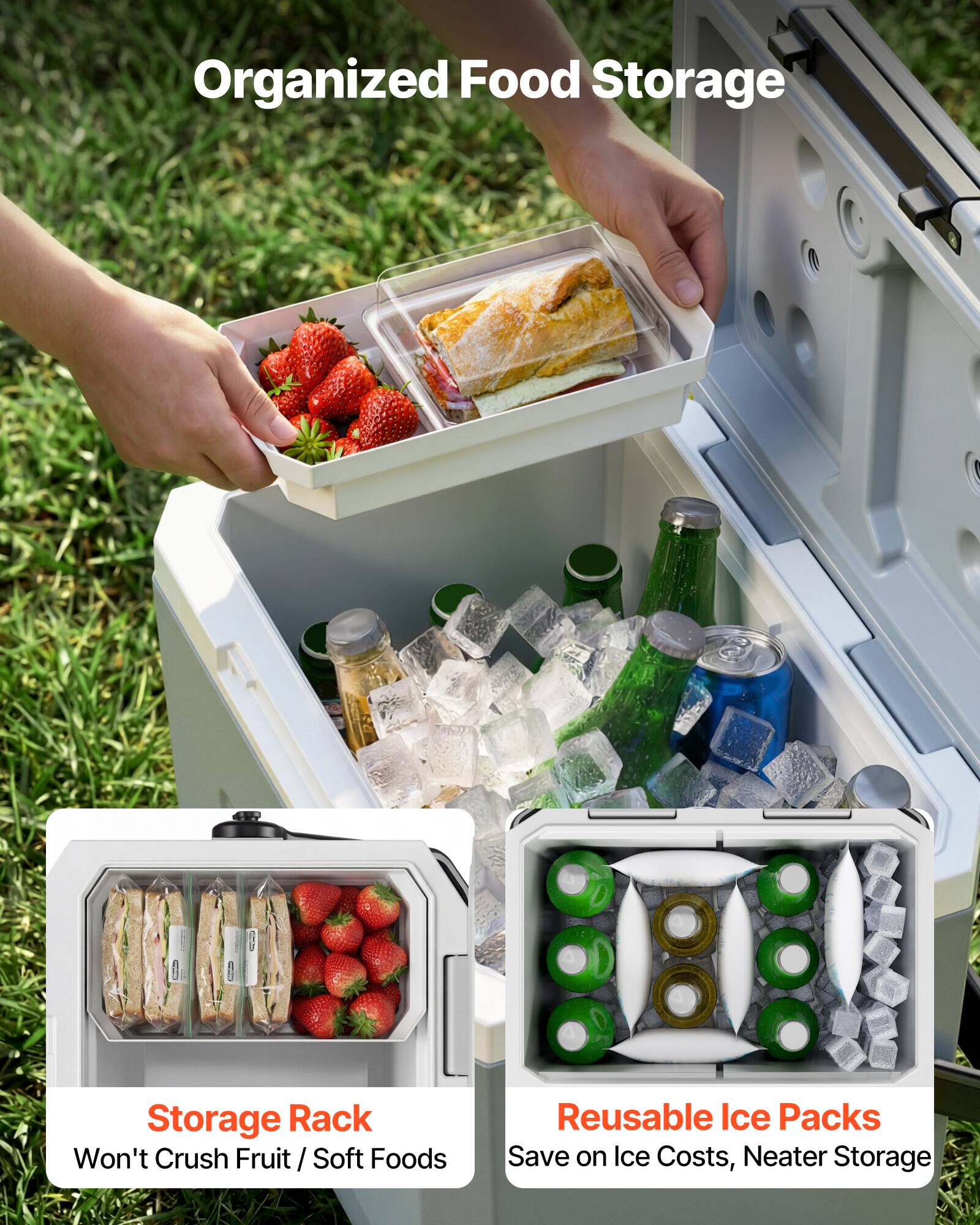Organized Food Storage

Storage Rack
Won't Crush Fruit / Soft Foods

Reusable Ice Packs
Save on Ice Costs, Neater Storage