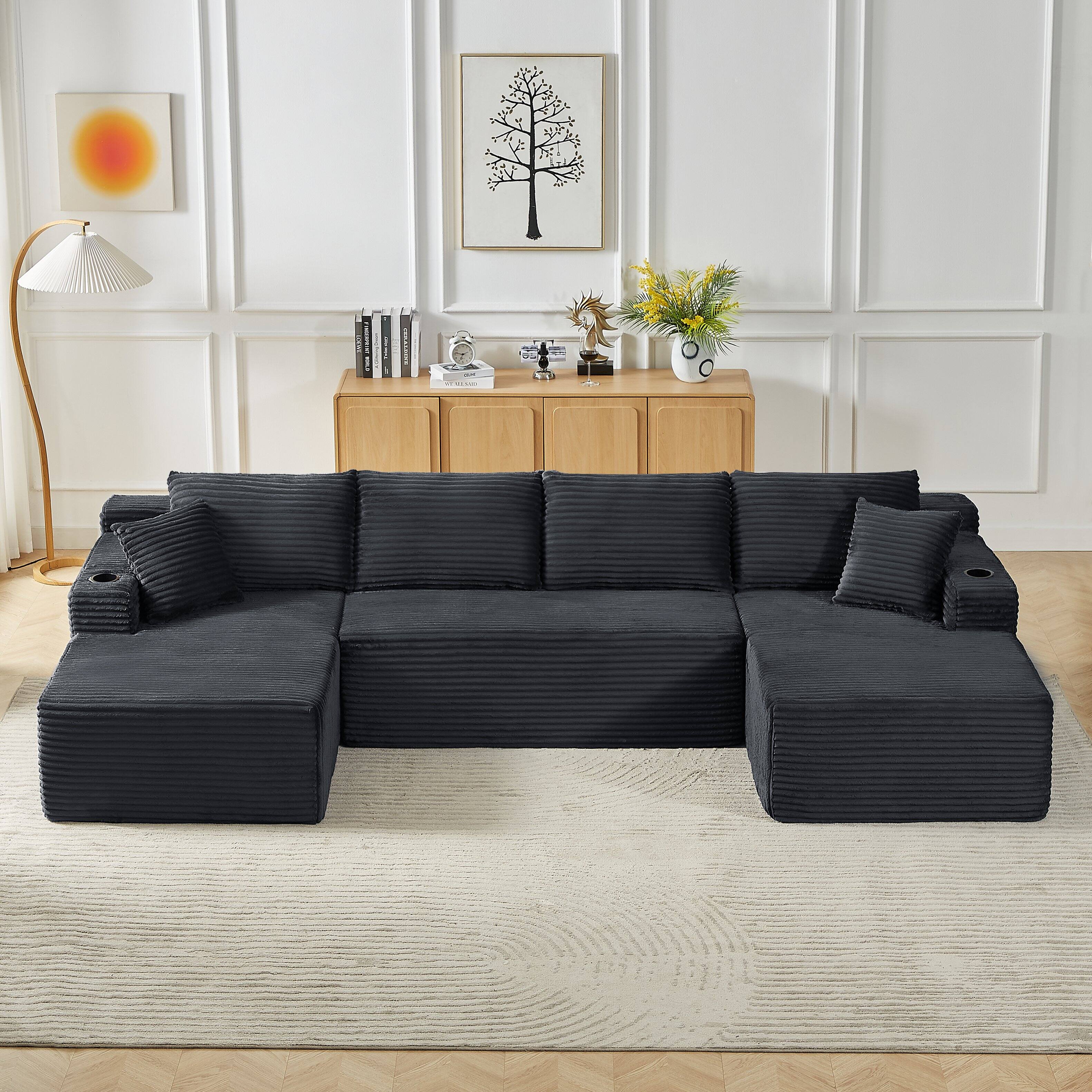 Left. Aukfa - U-Shaped Sectional Sofa Set - Minimalist Modular Design, Corduroy Cloud Couch for Living Room - Dark Gray.