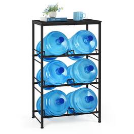Oumilen - 3-Tier Double Row Water Jug Storage Rack with Top Black Wood Shelf, 5 Gallon Water Bottle Organizer for Kitchen Office - Black