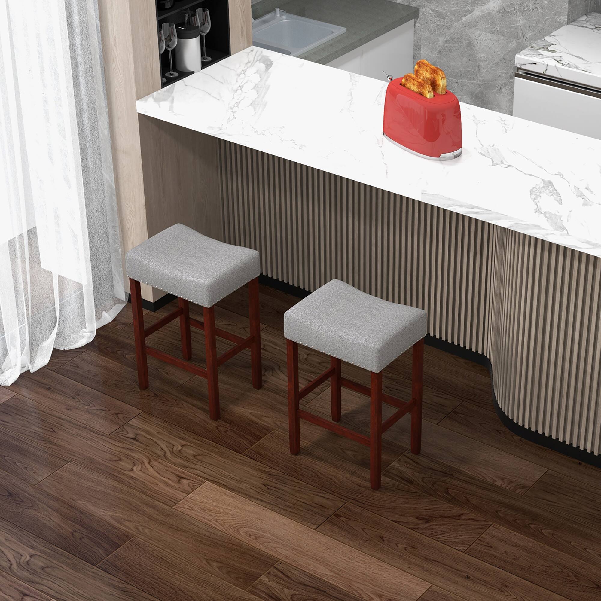 Alt View 3. Gymax - Gymax Set of 4 Bar Stools Counter Height Saddle Kitchen Chairs w/ Wooden Legs Gray - Gray + Brown.