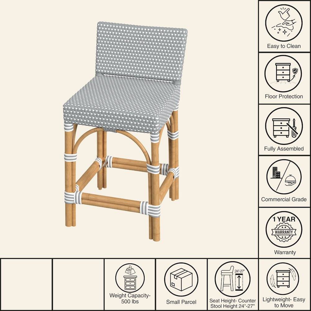Easy to Clean  
Floor Protection  
Fully Assembled  
Commercial Grade  
1 YEAR WARRANTY  
Weight Capacity- 500 lbs  
Small Parcel  
Seat Height- Counter Stool Height 24"-27"  
Lightweight- Easy to Move