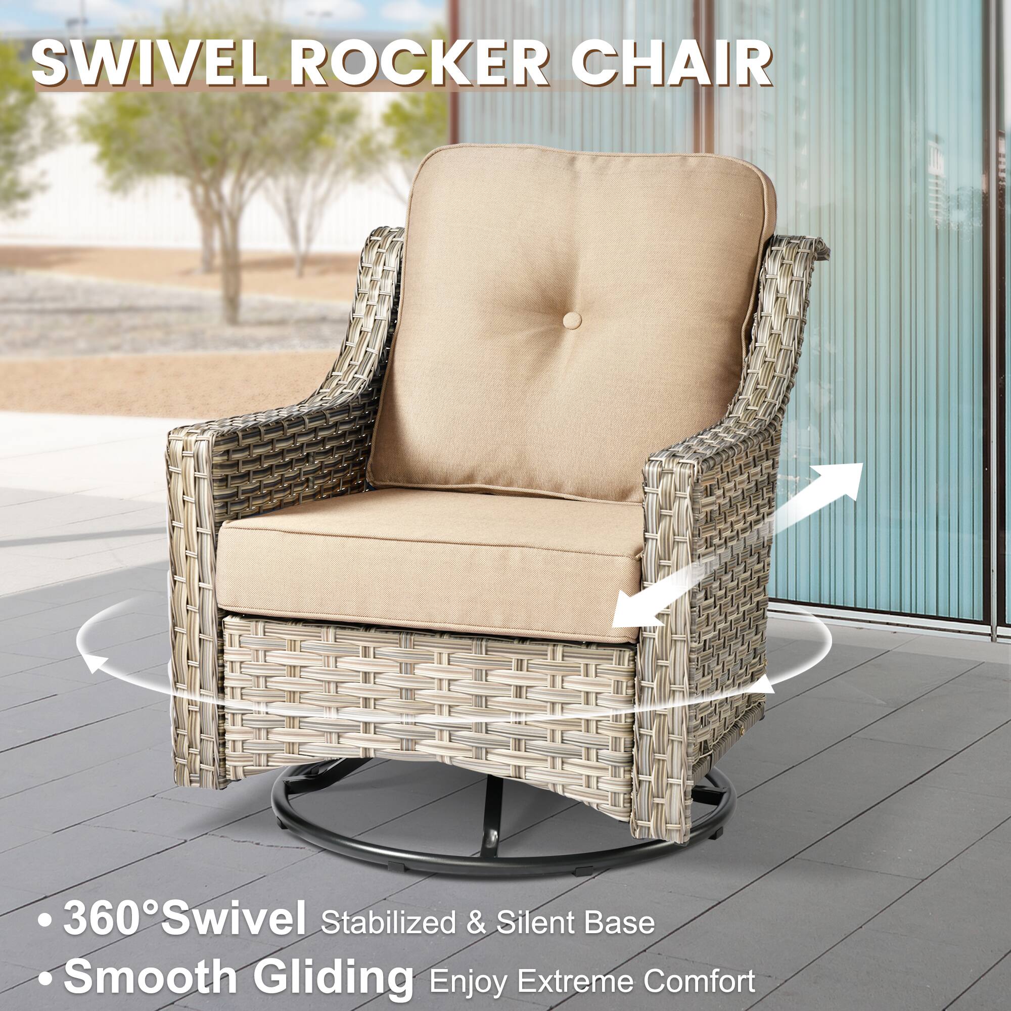 SWIVEL ROCKING CHAIR

- 360° Swivel
- Stabilized & Silent Base
- Smooth Gliding
- Enjoy Extreme Comfort